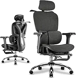 Cadeira de Escritório Ergonômica Preta com Rede Mesh - Apoio Lombar, Headrest e Braços 3D Ajustáveis, Descanso para Pernas e Rodas Silenciosas - Para Longas Jornadas no Trabalho e Jogos (150kg)