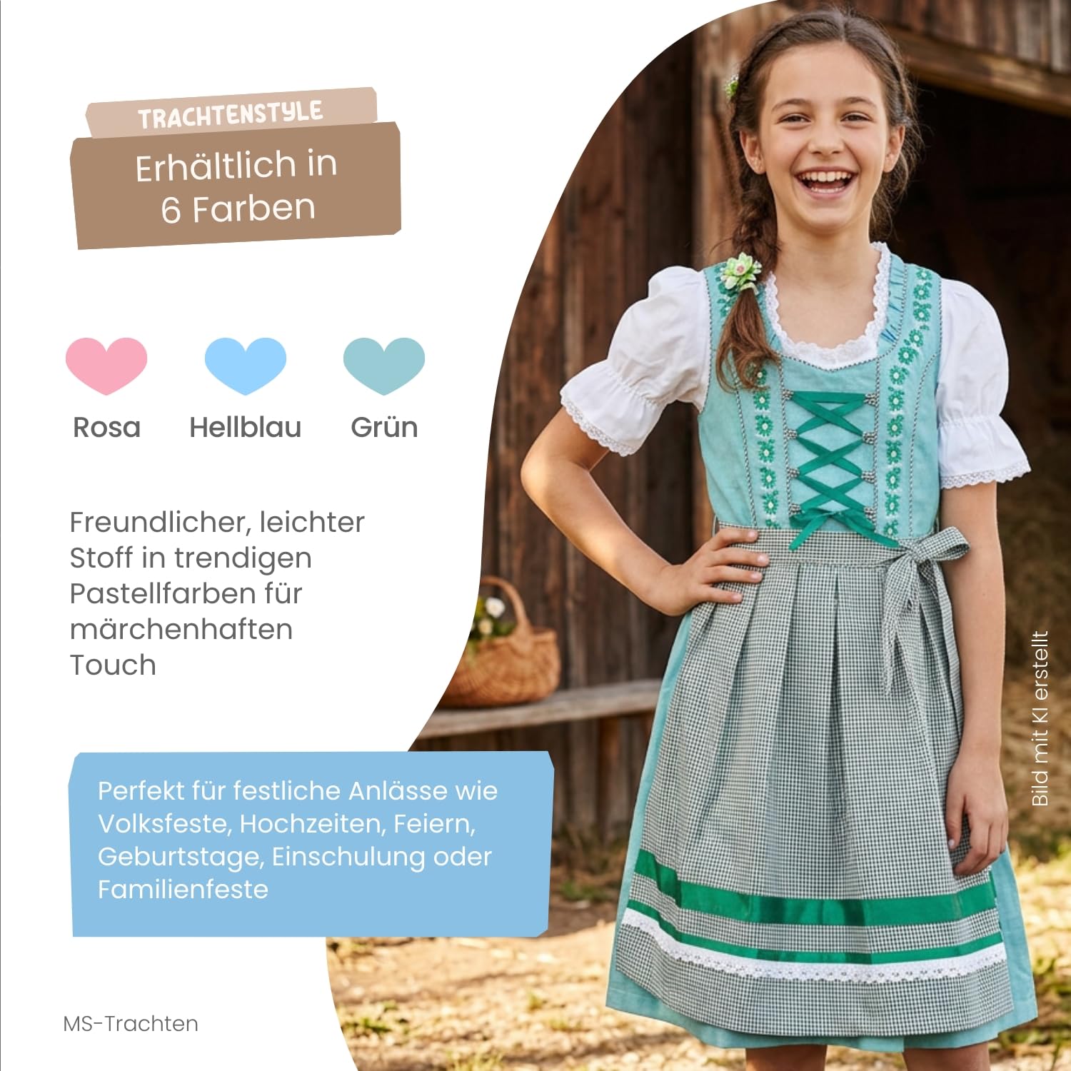 Kinderdirndl Alina – Kinder Dirndl rosa blau grün mit Bluse und Schürze 3 teilig – traditionelles Trachtenkleid für Mädchen