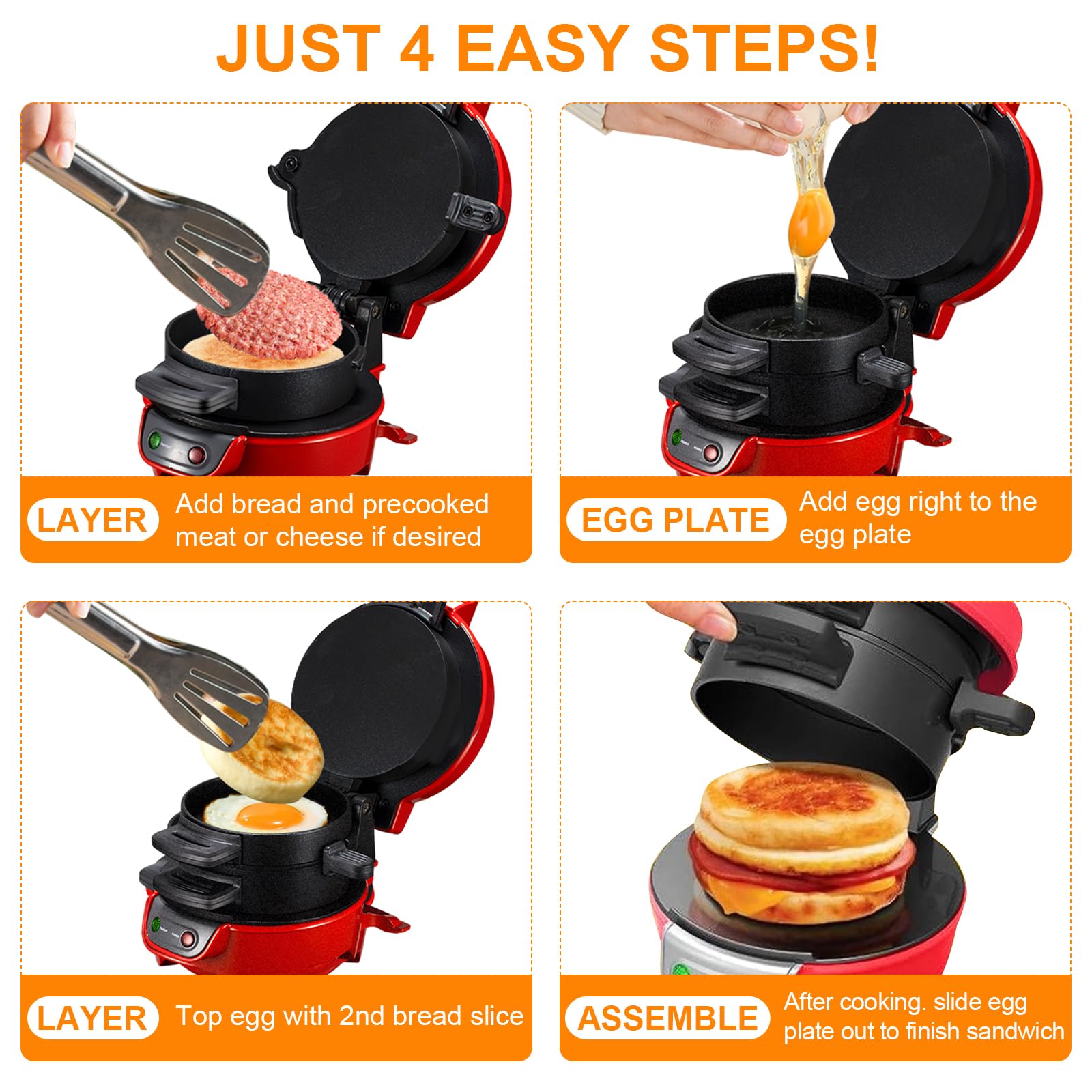 Sandwich Toaster Burger Maker, Effiziente Antihaft Heizplatten, mit Eierringe und Zeitschaltuhr, Spülmaschinenfest, Perfekt Für Hamburger, Waffeln Snacks Und Ein Schnelles DIY (Red)