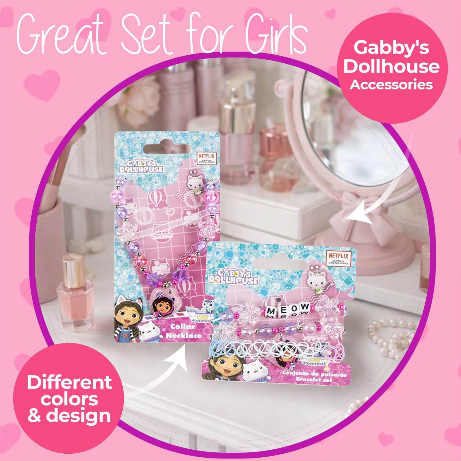 Gabby's Dollhouse – Kit gioielli per bambini (collana + braccialetti) – Set di accessori Gabby Gatto – Gioielli fantasia bambino – idea regalo ragazza