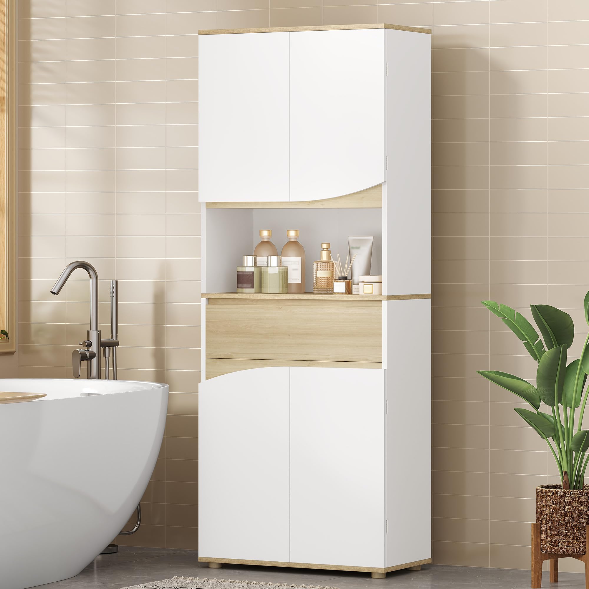 Armario de Baño, Columna Alto, 60 x 30 x 170 cm, Blanco y Roble | Mueble Baño, Armario de Almacenamiento, Estantes Ajustables, para Baño, Cocina, Salón, FFBC031PWN1
