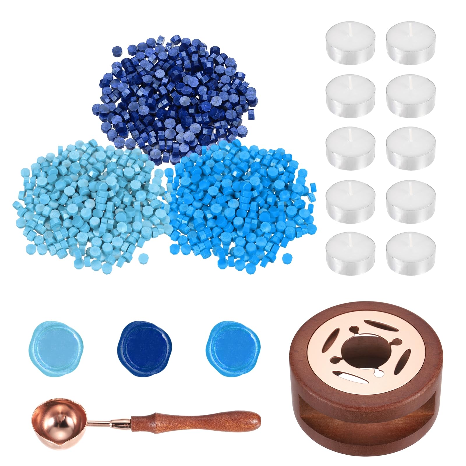 PATIKIL Wax Seal Kit, 300 Pcs Wax Sealing Beads, Wooden Warmer, Melted Spoon, 10 Pcs Tealight Candles for Envelope Letter Mailing Crafts DIY, 3 Blue Tone