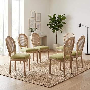 French Country Dining Chairs Set of 6, Olive Cane Back Rattan Dining Chairs with Linen Upholstered Seat, Solid Wood Legs, Farmhouse Kitchen & Dining Room, Sillas De Comedor Green, 6Pcs