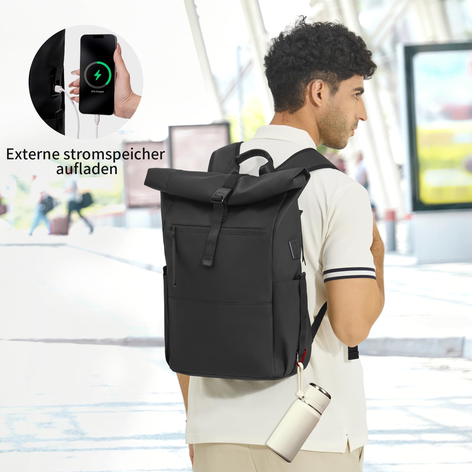 Rolltop Rucksack Damen Herren Großer Laptop Rucksack Wasserdichter mit Computerfach 16 Zoll Rucksäcke Schulrucksack Wasserfester Reiserucksack Handgepäck Flugzeug Arbeit Reisen