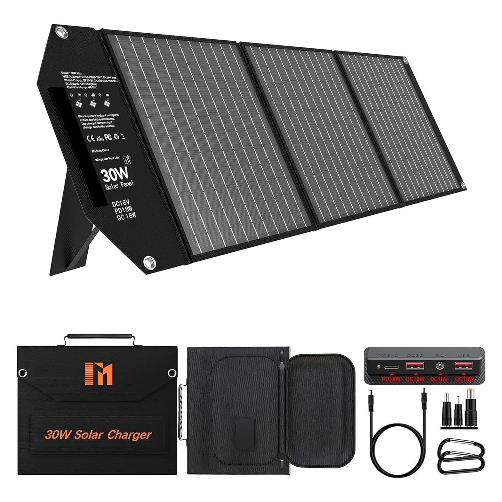 30W Portable Foldable Solar Panel with DC 18V, USB-C PD 18W QC3.0 (for UK)