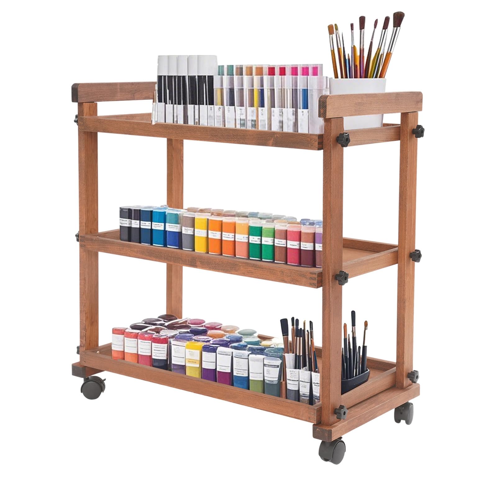 Moderno carrito de pintura de madera de 3 pisos, carrito de almacenamiento multifuncional con bandeja de trabajo y bordes de seguridad, el práctico carrito para colores y accesorios en dos