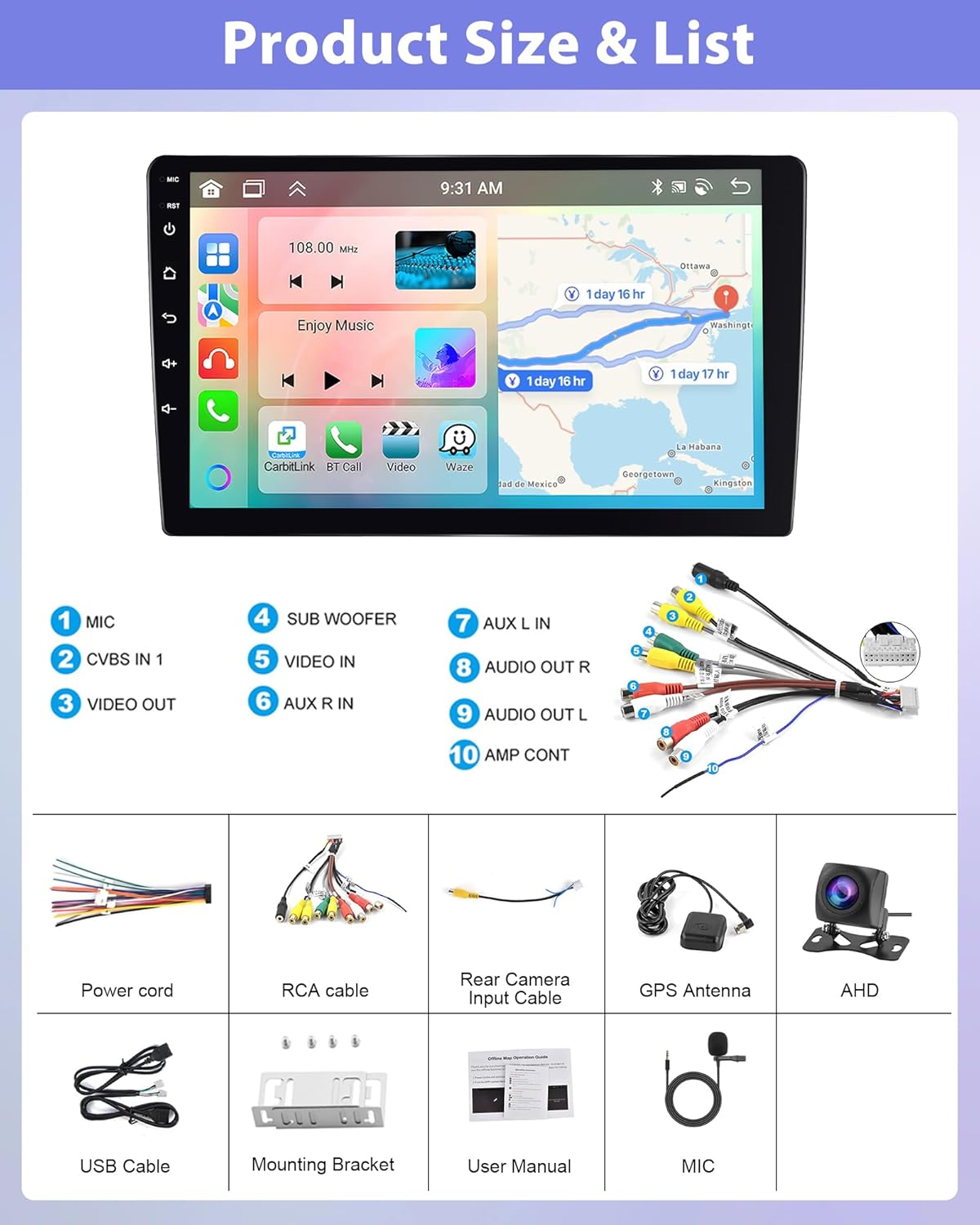 【8Core 2+64G】Android 13.0 Wireless Apple Carplay & Android Auto 2Din Car Stereo,10.1” 1280*720 IPS Touchscreen Double Din Car Radio Receiver with Bluetooth/GPS/Mirror Link/SWC/WiFi+AHD Backup Camera