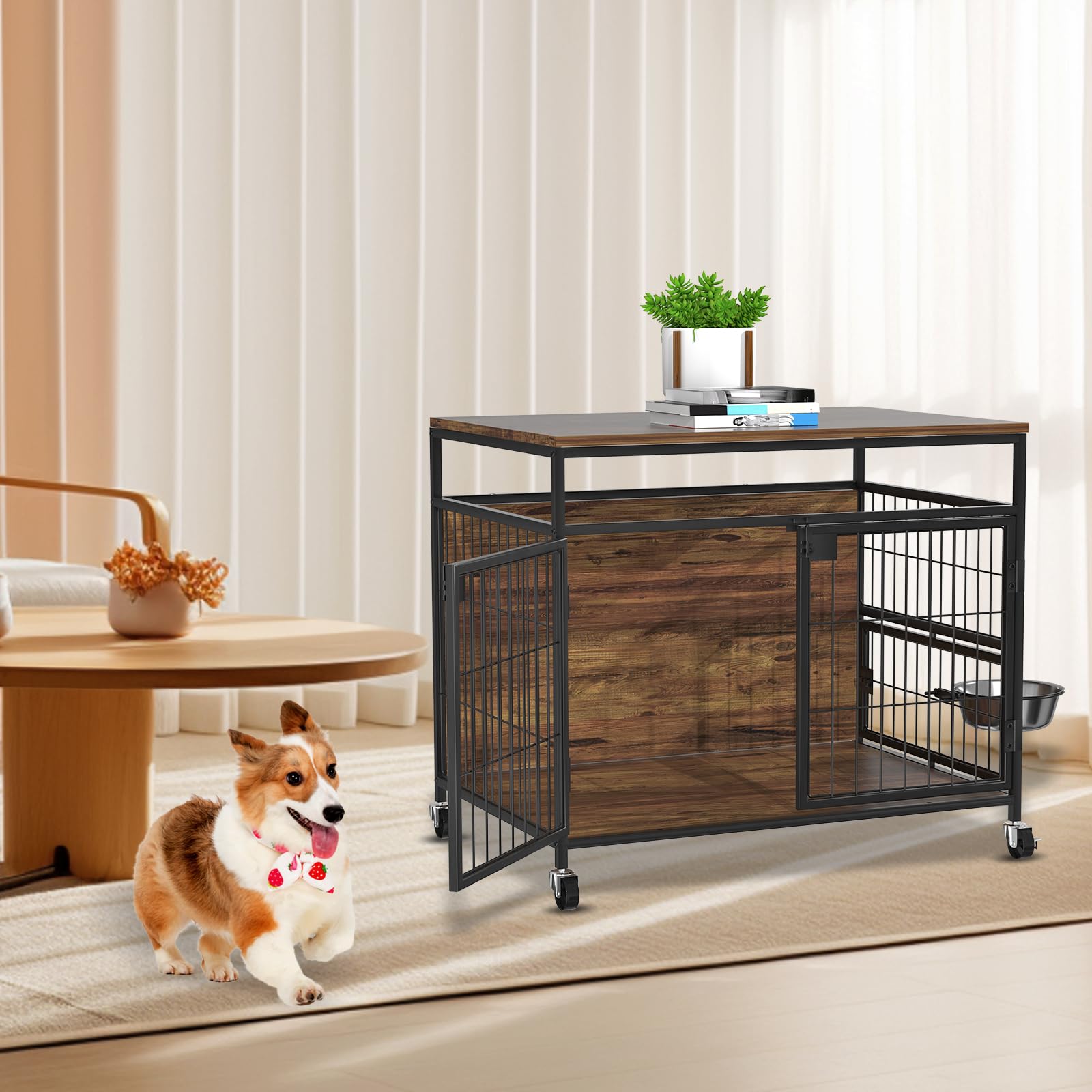 Hundekäfig mit Rädern, Robuster Beistelltisch aus Holz, Hundebox für den Innenbereich für Kleine/Mittelgroße Hunde, Doppeltüren und um 360 Grad Drehbarer Edelstahlnapf, 78,9cm L x 54,8 B x 69,8 H