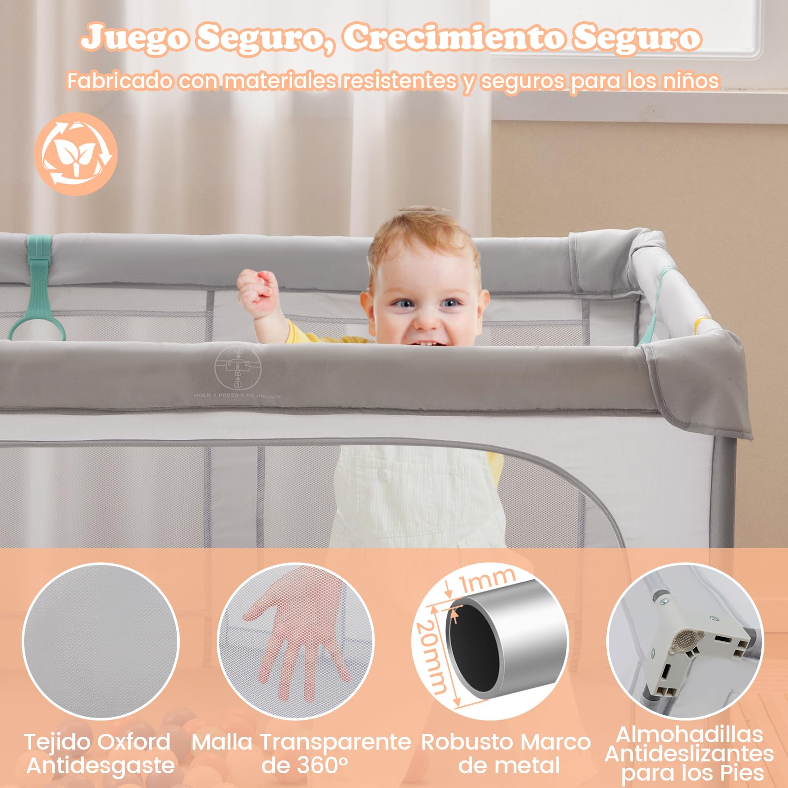 COSTWAY Parque Infantil Bebé 127 x 127 x 72,5 cm, Parque de Juegos Plegable con 50 Bolas Oceánicas y 4 Agarraderas, Corralito con Puerta con Cremallera y Pared de Malla para Bebé de 0-3 Años (Gris)