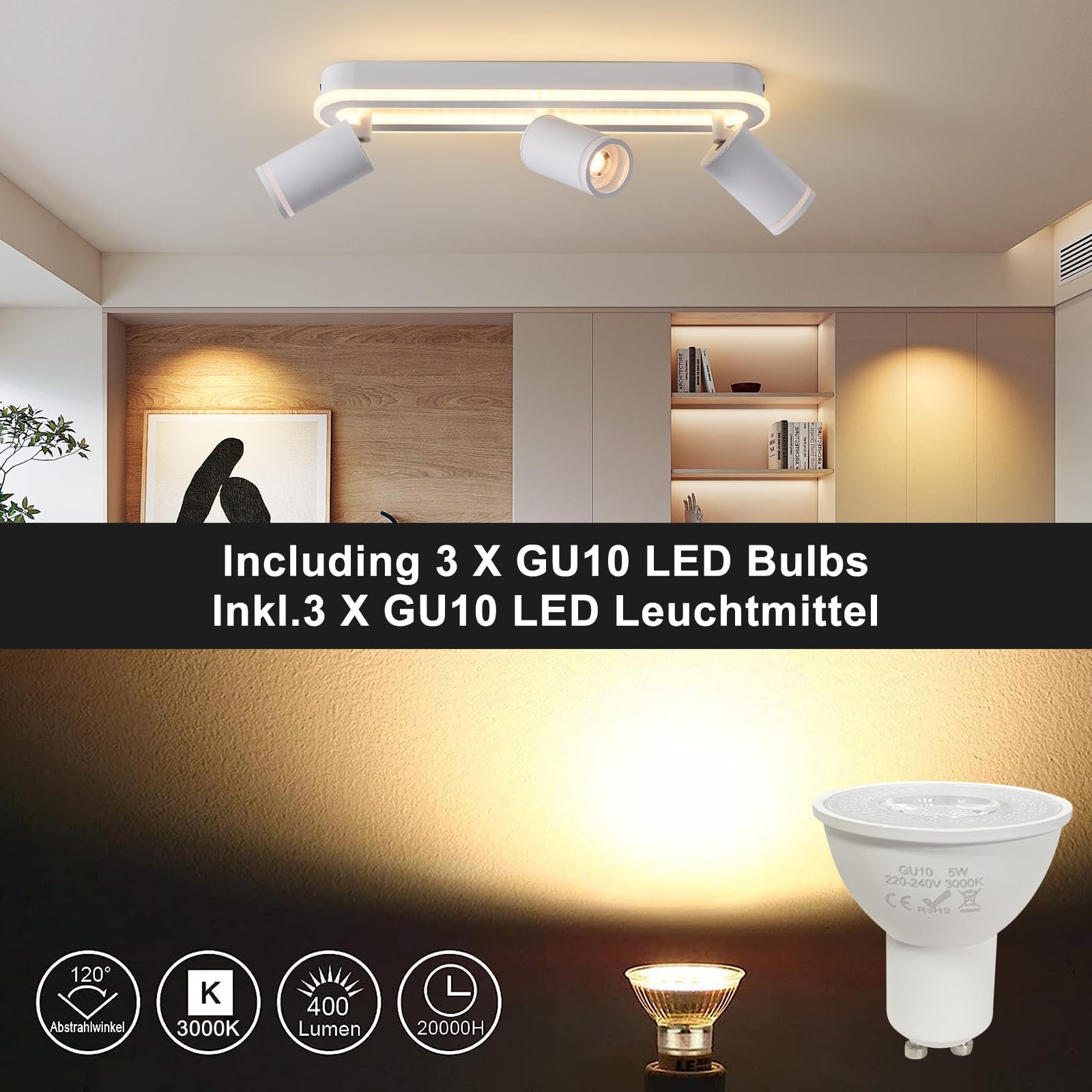 MYCUL LED Deckenstrahler 3 Flammig Schwenkbar 350°, Deckenleuchte mit unteres Glühen 27W+3x5W GU10 Spots,3000K Warmweiß Deckenspot strahler,Modern Deckenlampe Lampe,Spotleuchte für Küche,Flur-Weiß