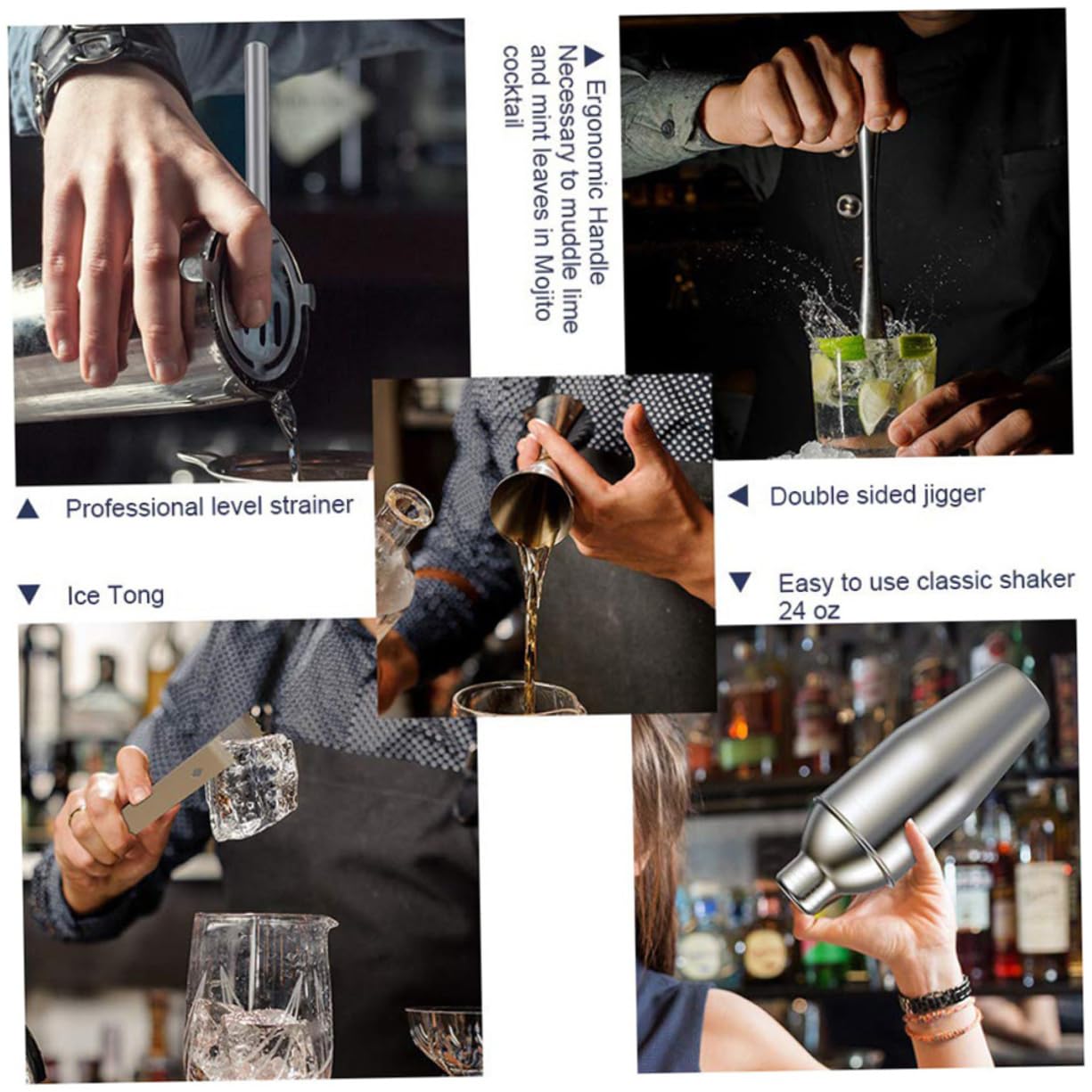 FUNOMOCYA 5 Pcs 1 Bartender Set Cocktail Bartending Tools Cocktail Making Kit Stainless Strainer Cocktail Bartending Accessories Bar Muddler Drink Mixer Tools Stainless Steel Silver