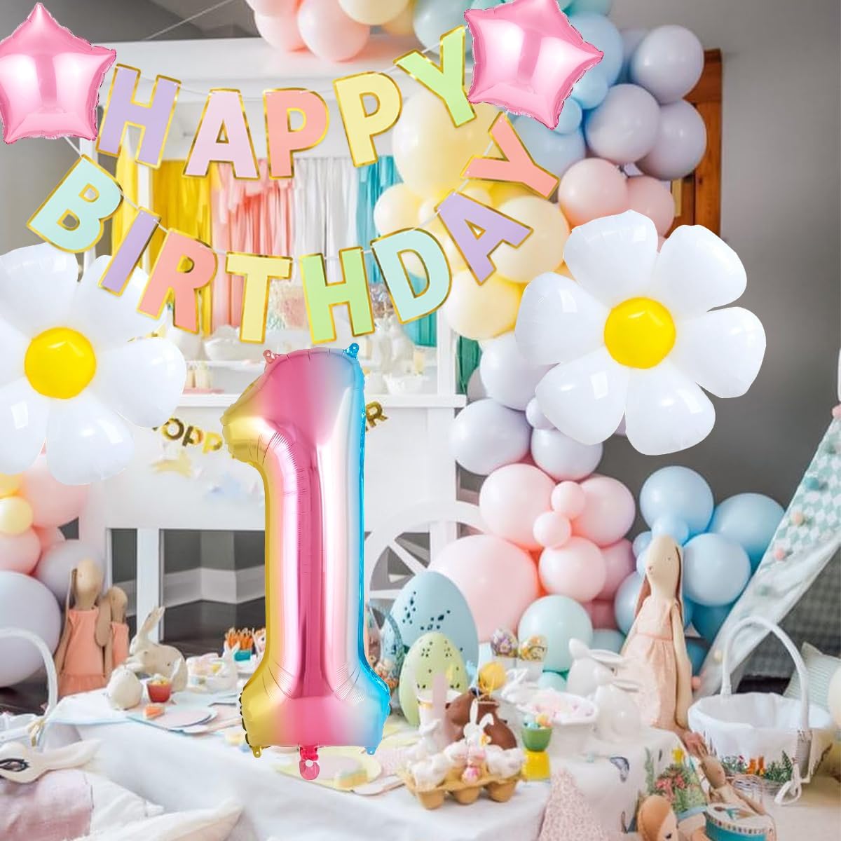 Happy 1st Birthday Decorations Girl, Pastel Happy Birthday Banner, Rainbow Gradient 1 Balloon Number 40 Inch, Number 1 Balloon For Pastel Birthday Decorations