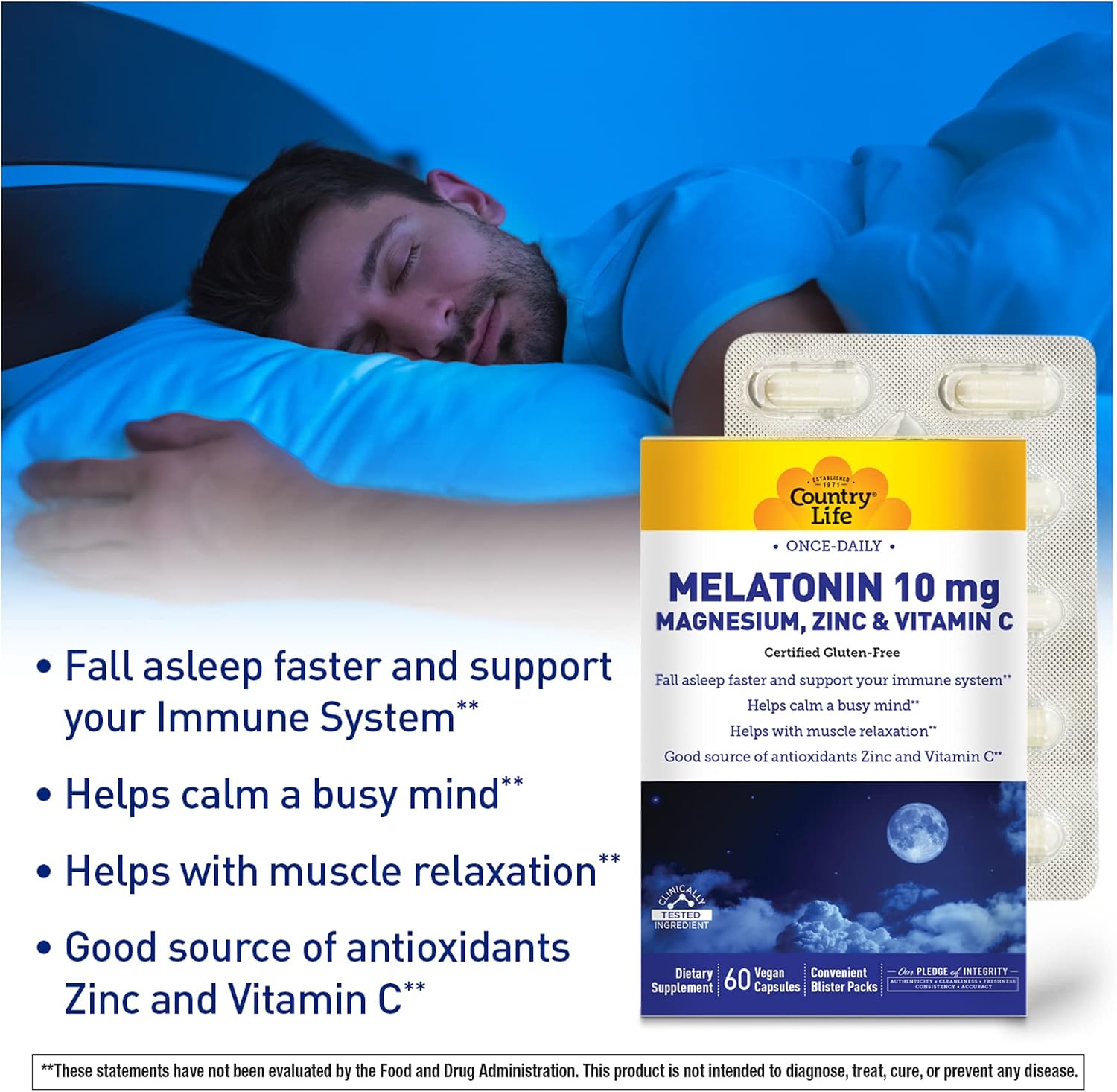 Country Life Melatonin 10mg Magnesium, Zinc, & Vitamin C, Once Daily, Convenient Blister Pack, 60 Vegan Capsules