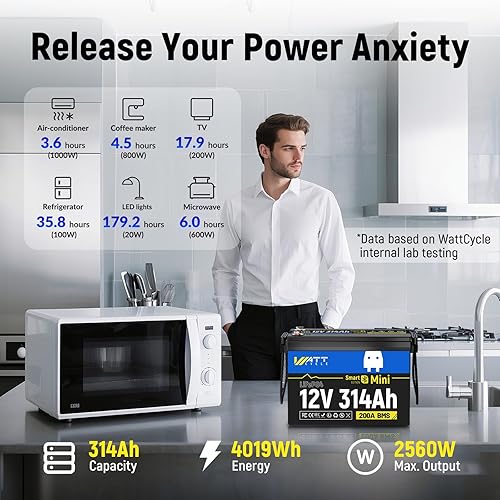 Miniatura 4 de WattCycle Mini batería de litio LiFePO4 de 12 V 314 Ah (equivalente a 300 Ah) - Bluetooth 5.0, 200 A BMS, 4.01 kWh de energía, aletas de