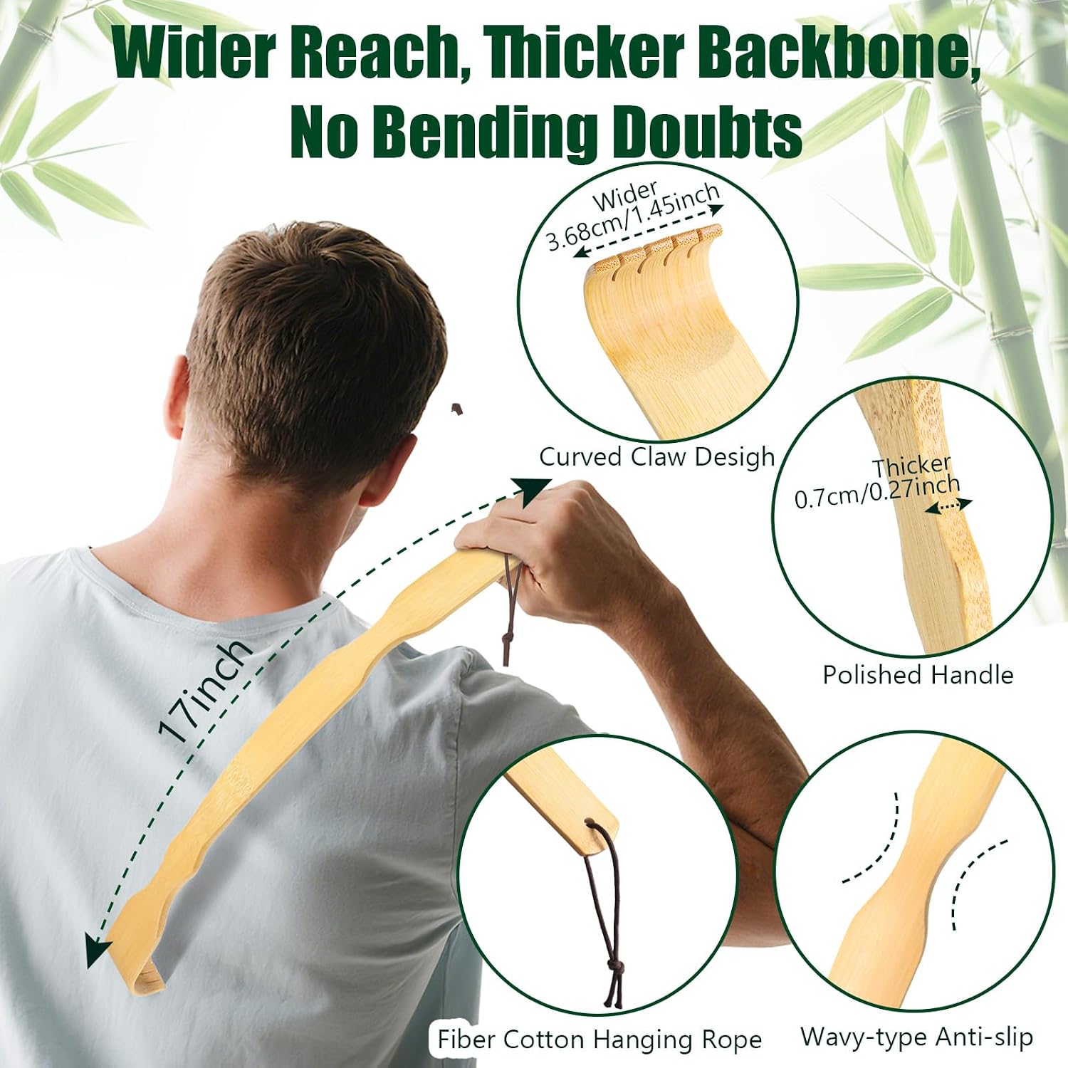 Wooden Bamboo Back Scratcher, 17" Natural Handmade Back-Scratchers for Men and Women, New Upgraded Long Handle Body Massager, Gifts for Adults and Elderly (Curved-3 PCS)