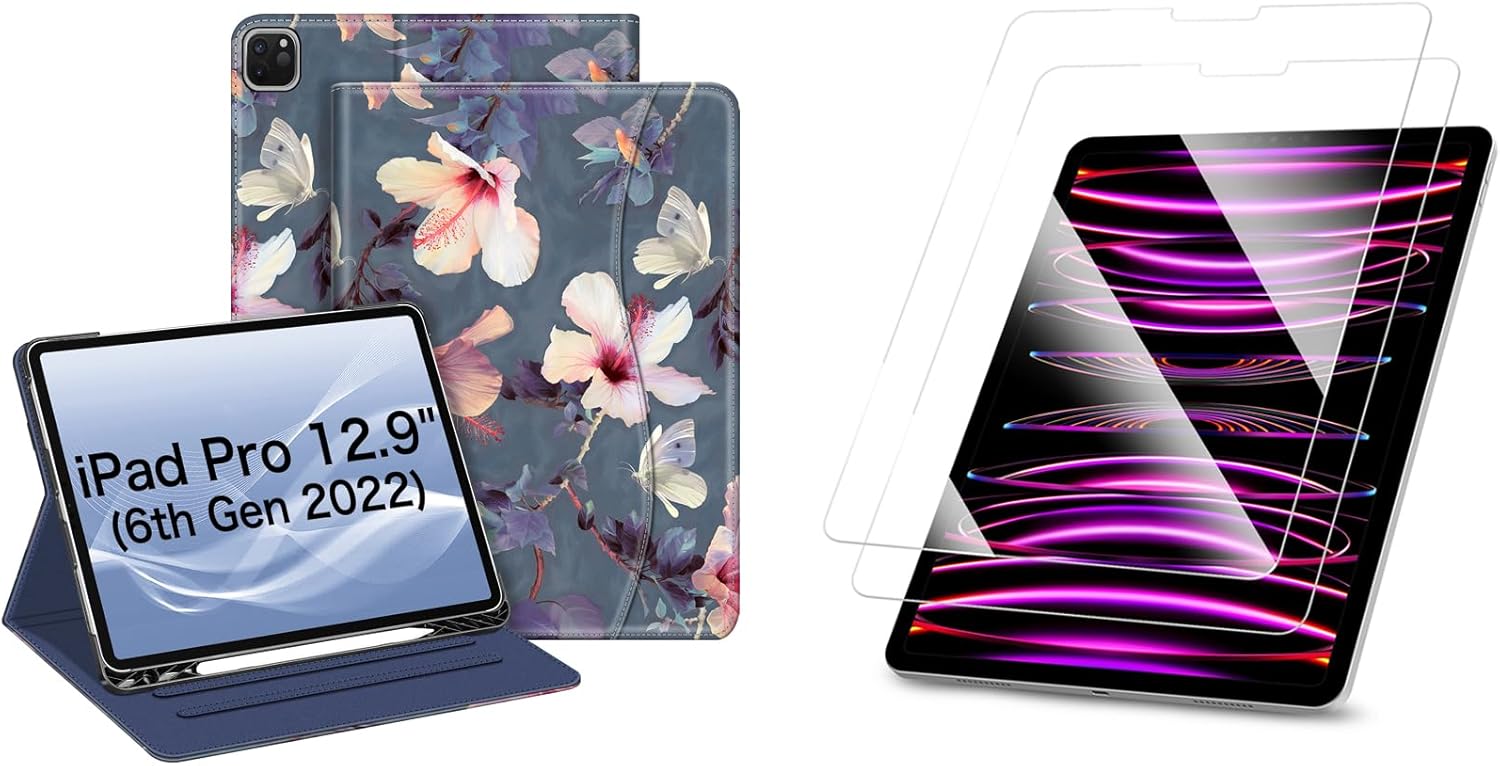 Fintie Bundle: Fintie Folio Case for iPad Pro 12.9" 6th/5th/4th/3rd Gen, Multi-Angle Smart Stand Cover w/Pencil Holder & Pocket + [2-Pack] Tempered Glass Screen Protector