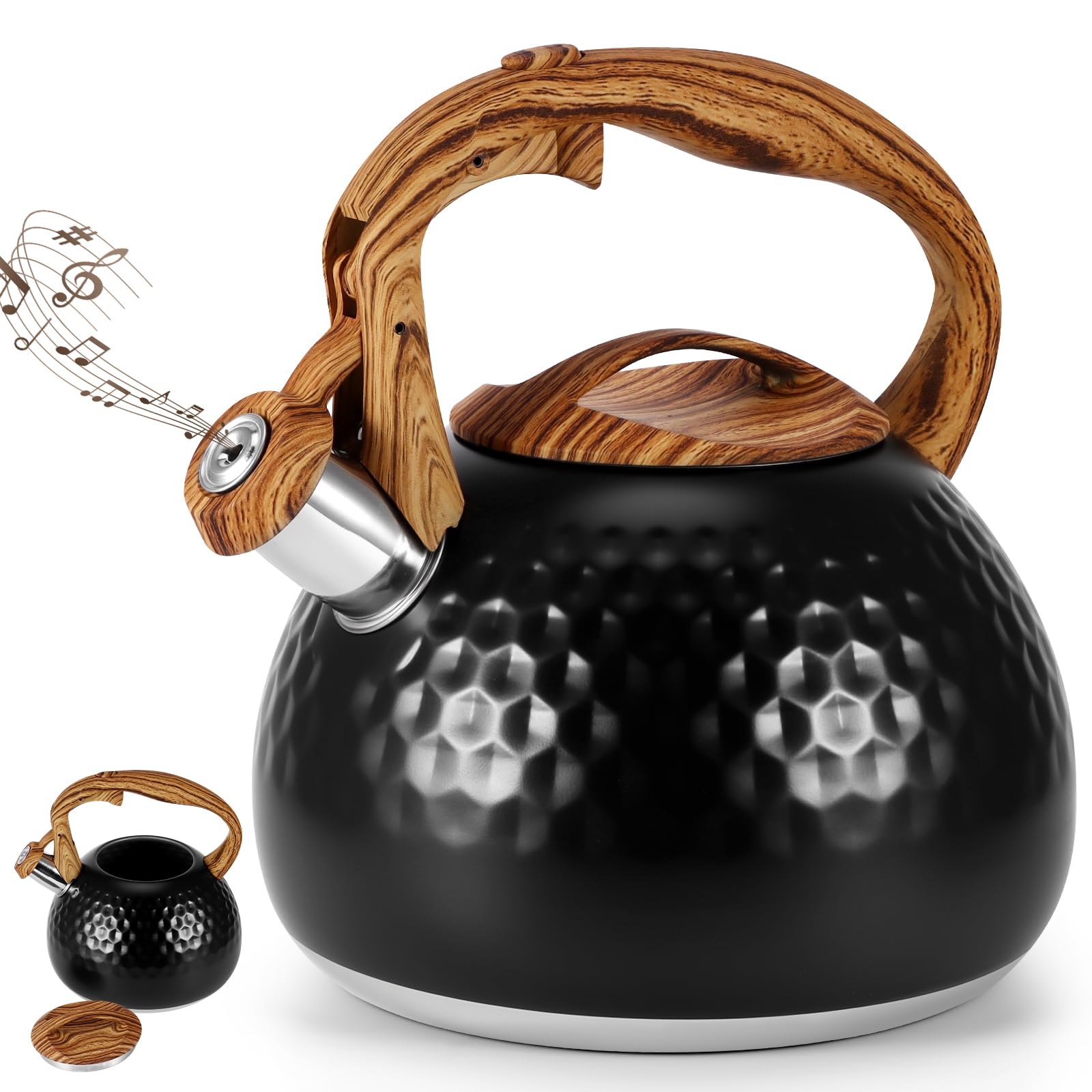 3L Whistling Kettle, Stainless Steel Hot Water Camping Kettle Teapot, Stove Top Kettle with Tall Whistle, Anti-Rust and Heat-Proof Wood Handle, Rapid Boiling Gas Hob Tea Pots for Tea/Coffee