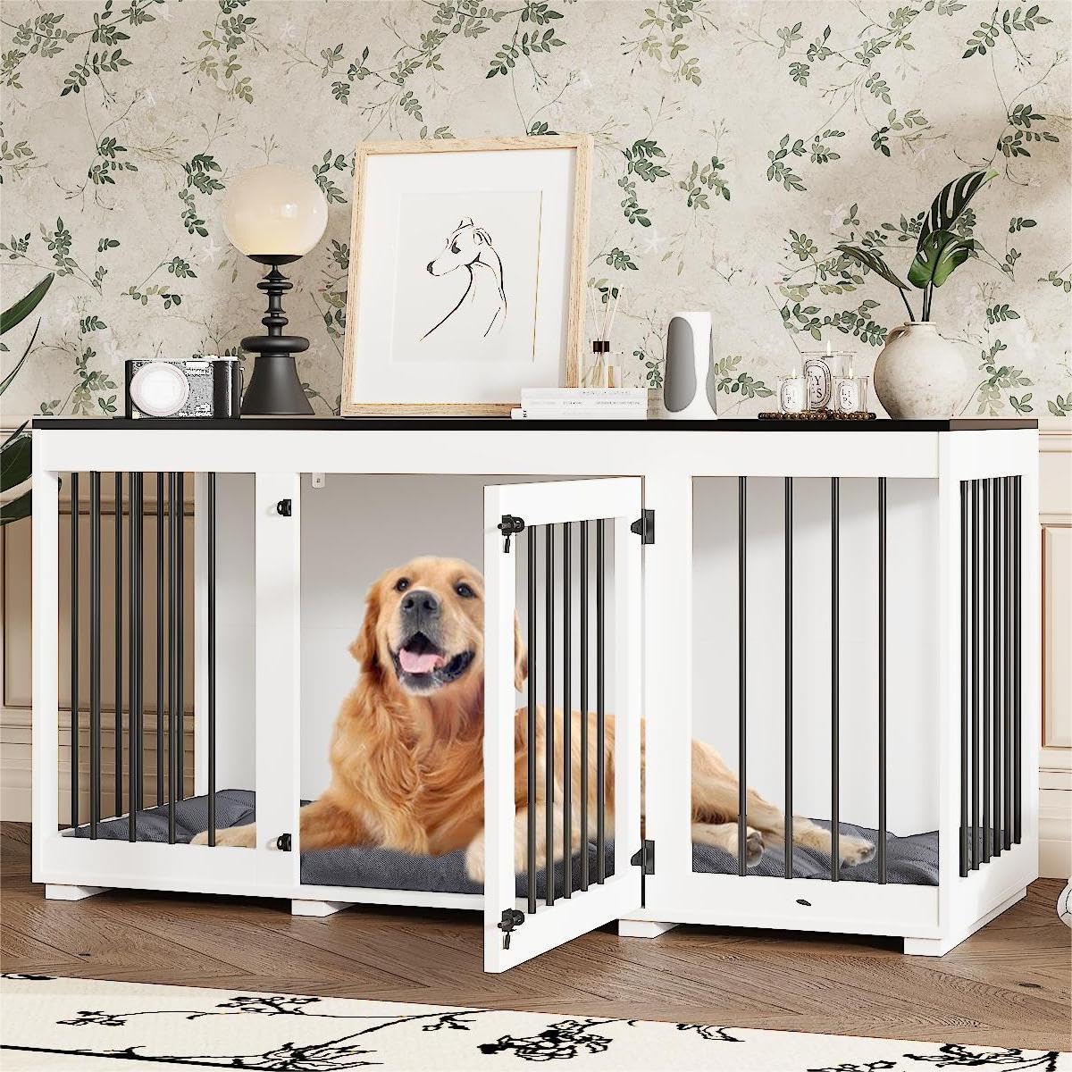 Cage pour Chien d'Intérieur - Niche avec Porte et Coussin - Pour Grands, Moyens et Petits Chiens - MDF + Fer - 136 x 70 x 56 cm - Blanc