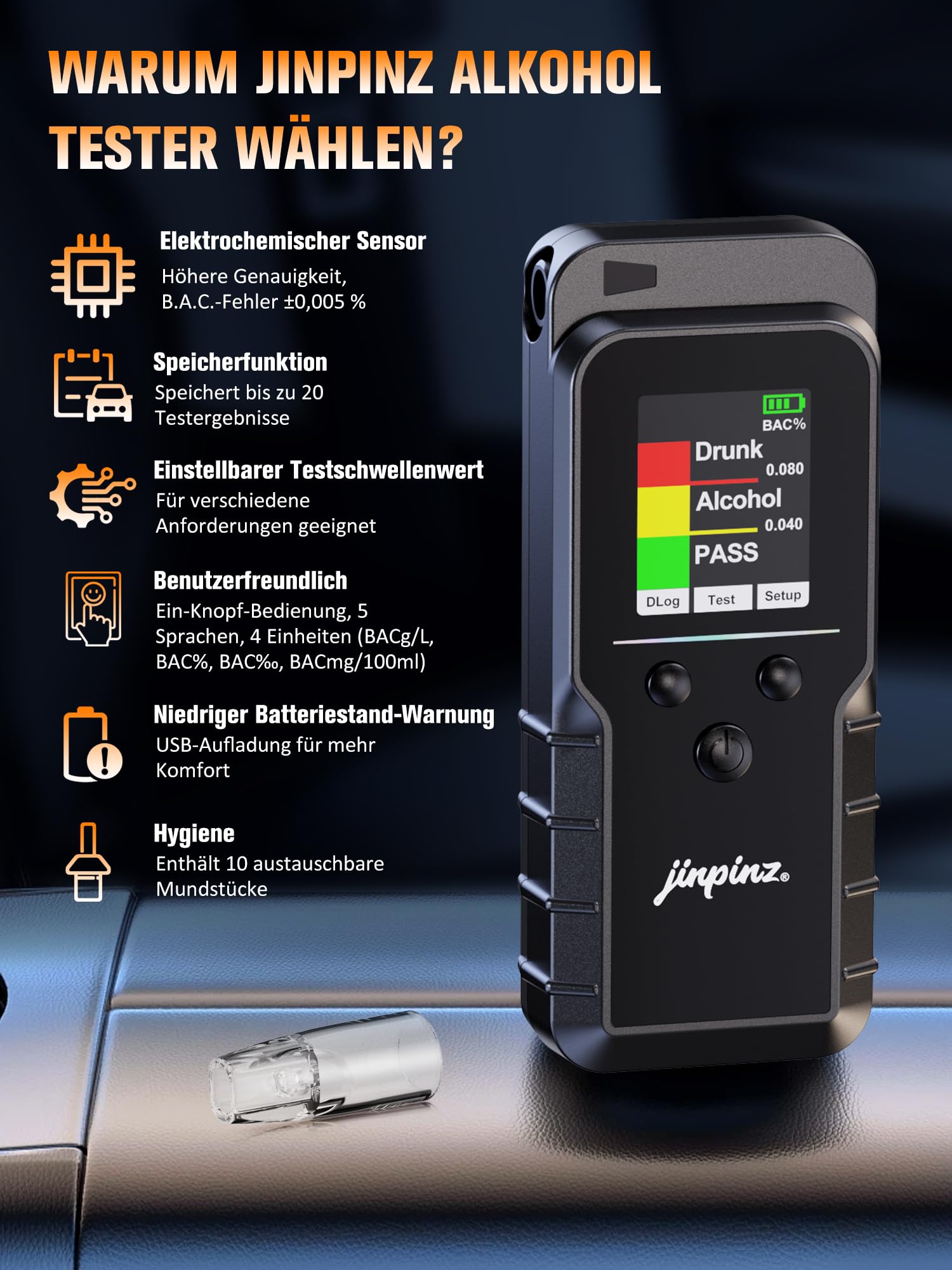Alkoholtester mit elektrochemischem Sensor, hochpräziser digitaler Alkoholmessgerät USB-C Ladefunktion, Alkotester