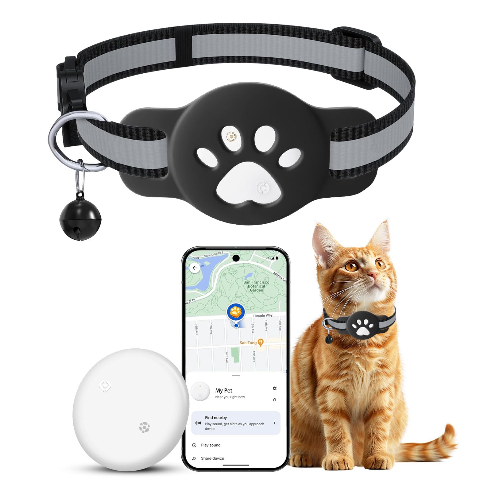 Localizzatore GPS per gatti, mini tracker senza ABO per gatti (solo Android), con collari catarifrangenti, impermeabile IP68, compatibile con Google Find My Device