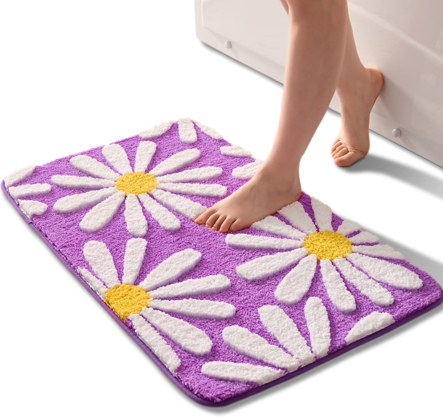 QJHOMO Purple Bathroom Rugs Cute Daisy Bath Mat White and