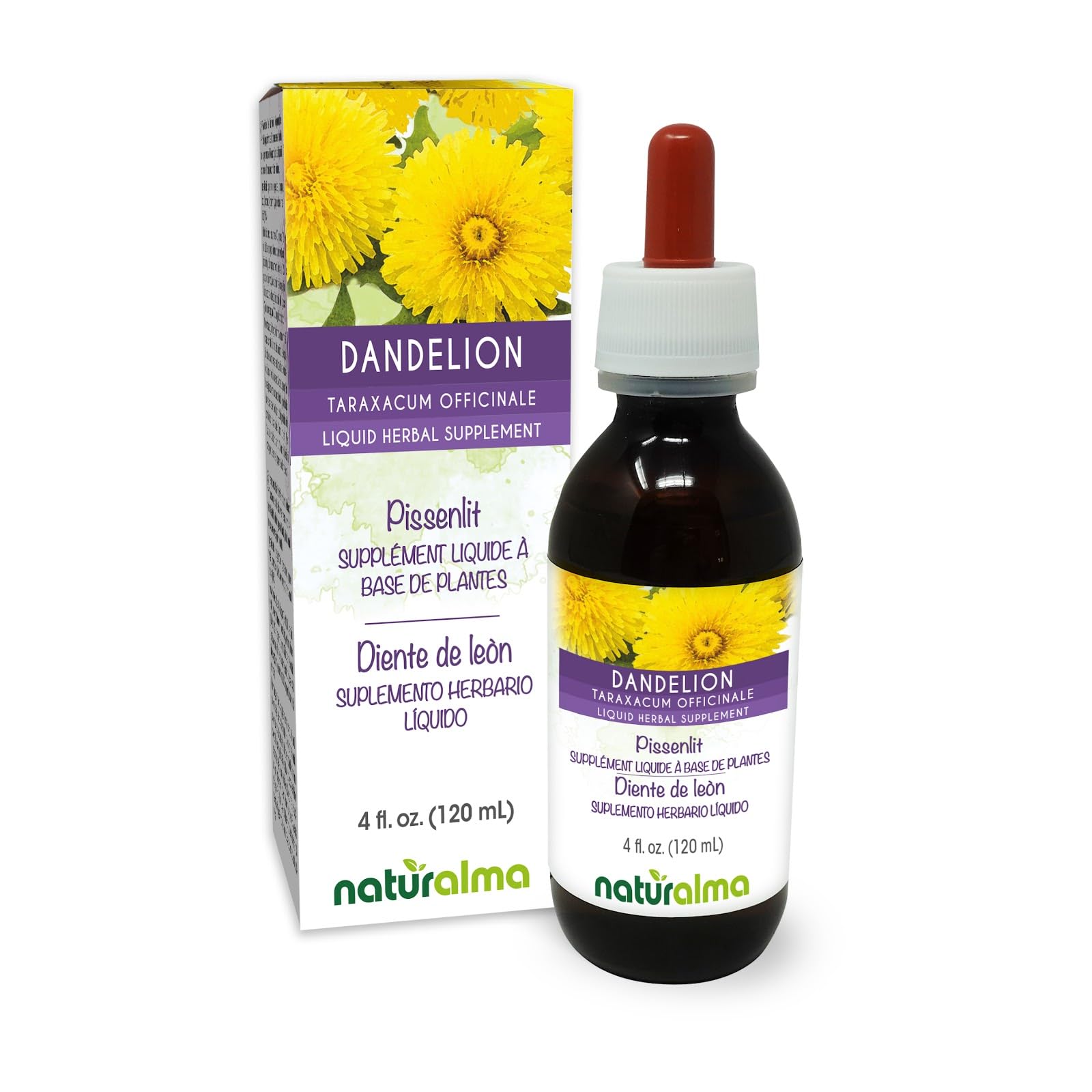 Naturalma Dandelion (Taraxacum officinale) Root and herb Alcohol-Free Tincture - 4 fl oz Liquid Extract in Drops - Herbal Supplement - Vegan 4 Fl Oz (Pack of 1)