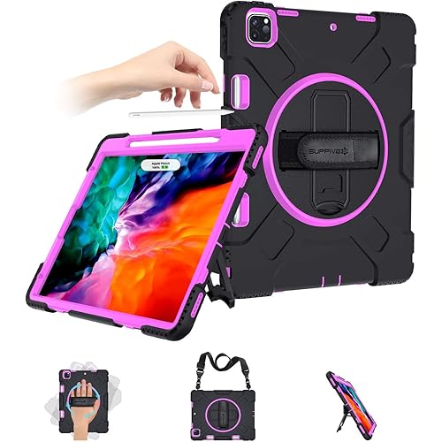 SUPFIVES iPad Pro 12.9 Case 2020 4th Generation Case with Pencil Holder Support Wireless Charging+Hand Shoulder Strap+360 Rotatable Stand Shockproof Case for New iPad Pro 12.9'' 2020/2018- Rose