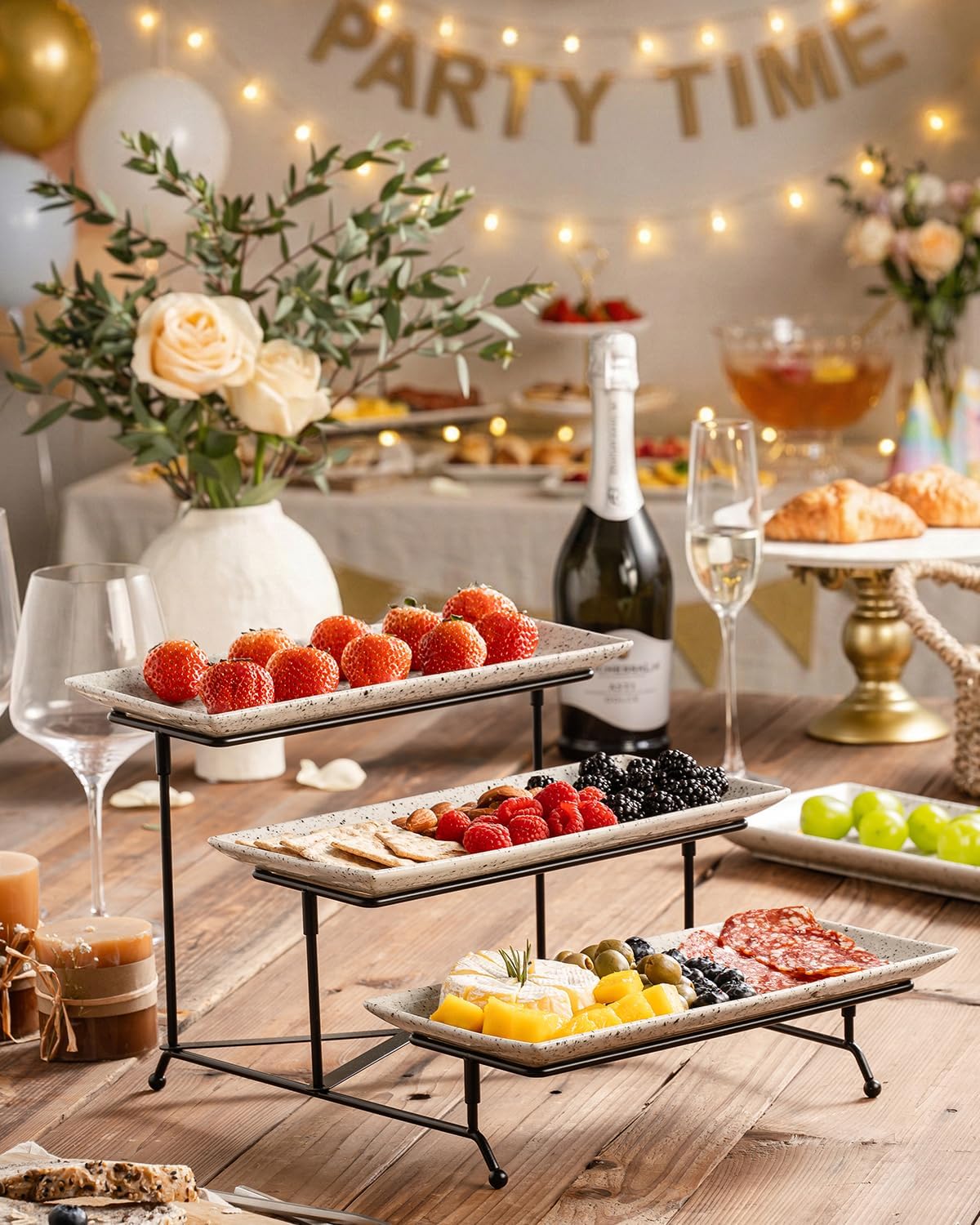 LAUCHUH 3 Tier Serving Tray, Porcelain Serving Platters and Trays for Party 12 Inch Tiered Tray Stand Cupcake Stand with Collapsible Sturdier Rack for Mother's Day Serving Food, Speckled Glaze