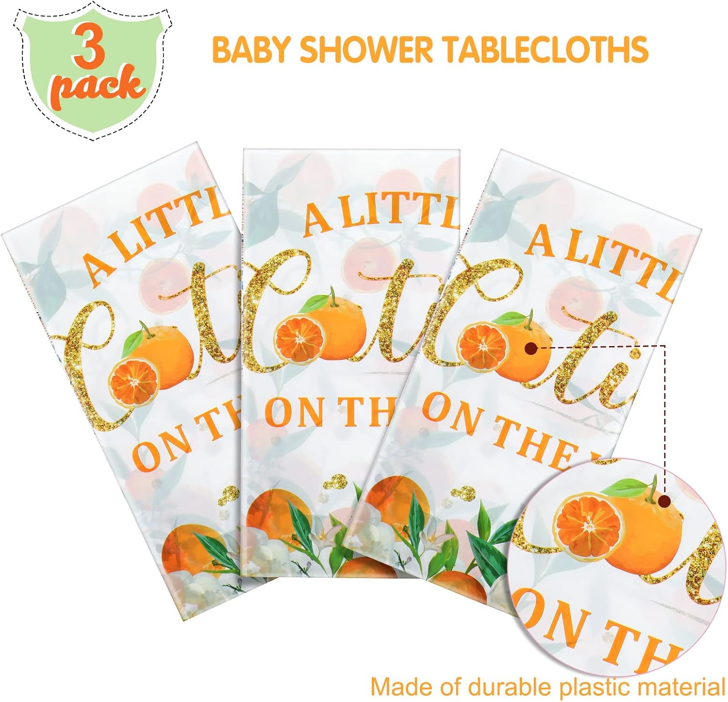 Tegeme Little Cutie Tablecloth Orange Fruit Party Supplies Little Cutie is on the Way Disposable Plastic Table Cover for Citrus Baby Shower Birthday Tangerine Decoration, 54 x 108 Inches(3 Pack)
