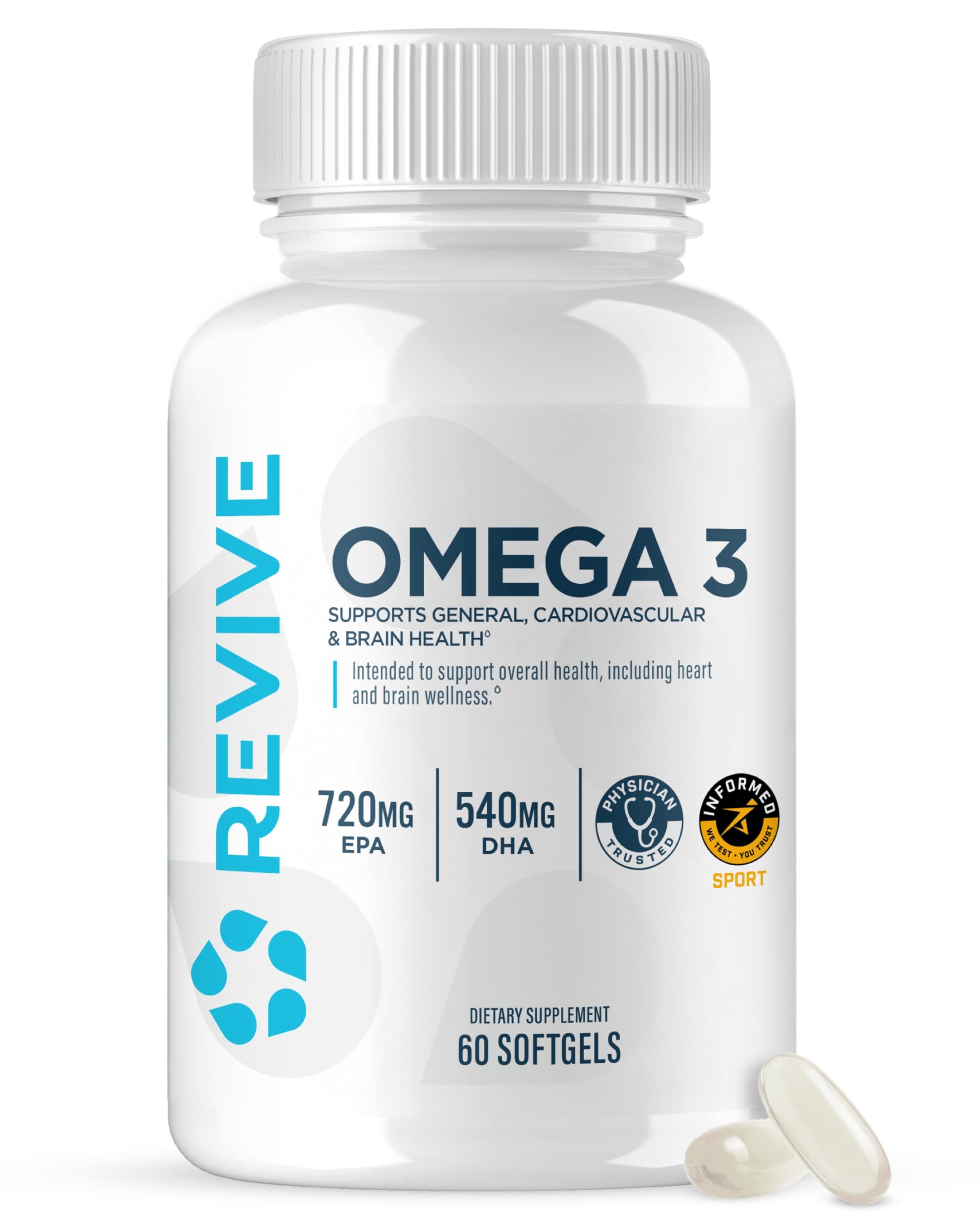 Revive MD Omega 3 Fish Oil Supplements for Men & Women - Omega 3 Softgels with EPA & DHA Fatty Acids for Healthy Skin & Joints, Heart & Brain Support - Vegan-Friendly, Gluten-Free - 120 Softgels