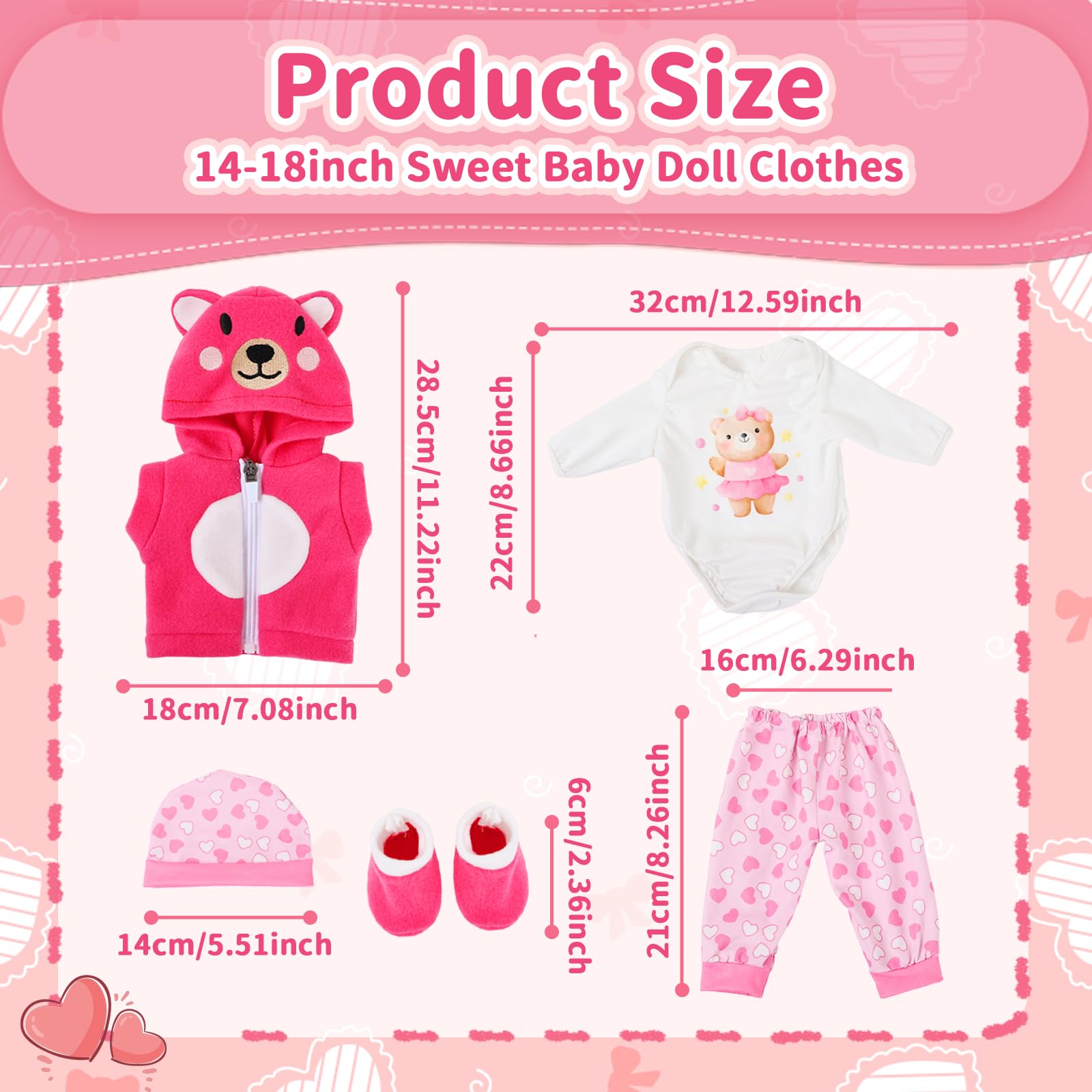 5 Pcs Baby Doll Clothes Set for 14-18 Inch Dolls, Cute Bear Onesie Outfit for 35-43cm Dolls - Image 2