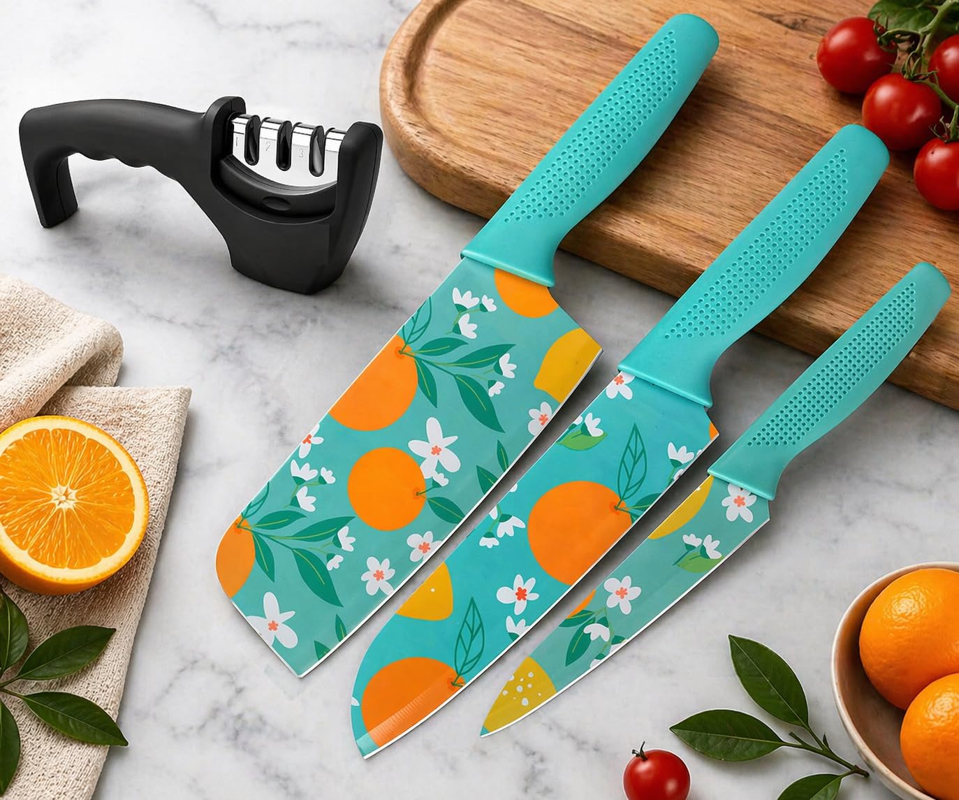 HROY 3 Pieces Kitchen Knife Set with Sharpener, Stainless Steel Professional Kitchen Knife Set Meat Knife Chef Knife with Non-Slip Ergonomic Handle Sharp,High Carbon Knife Set (Blue with Sharpener)