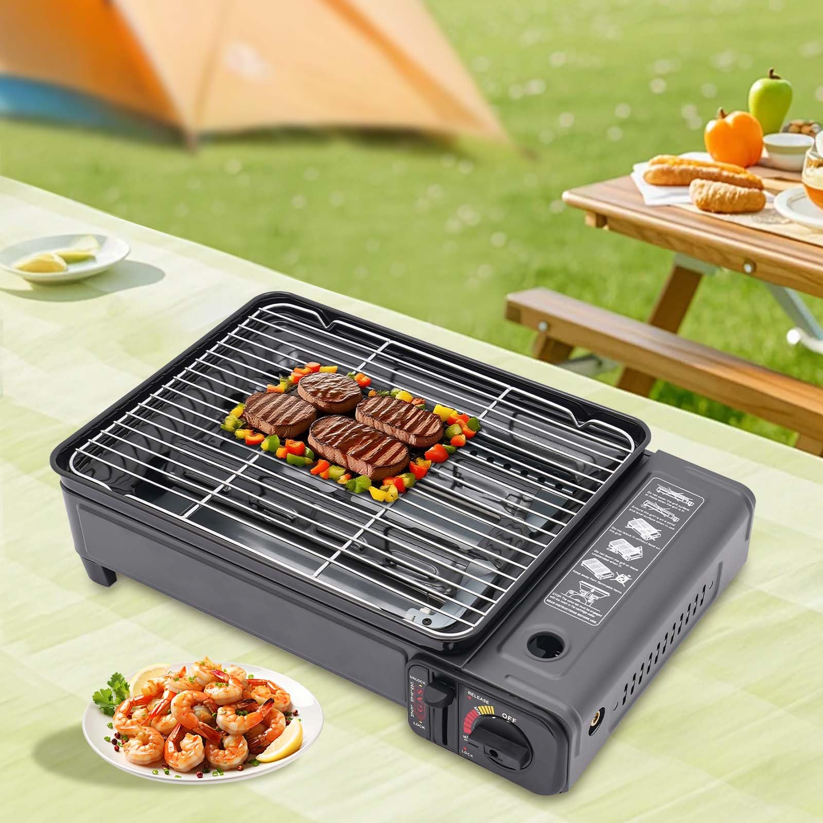 Barbacoa de gas portátil para camping, barbacoa de gas pequeña con cartucho y maletín, barbacoa de mesa para camping, jardín, pícnic, encendido piezoeléctrico