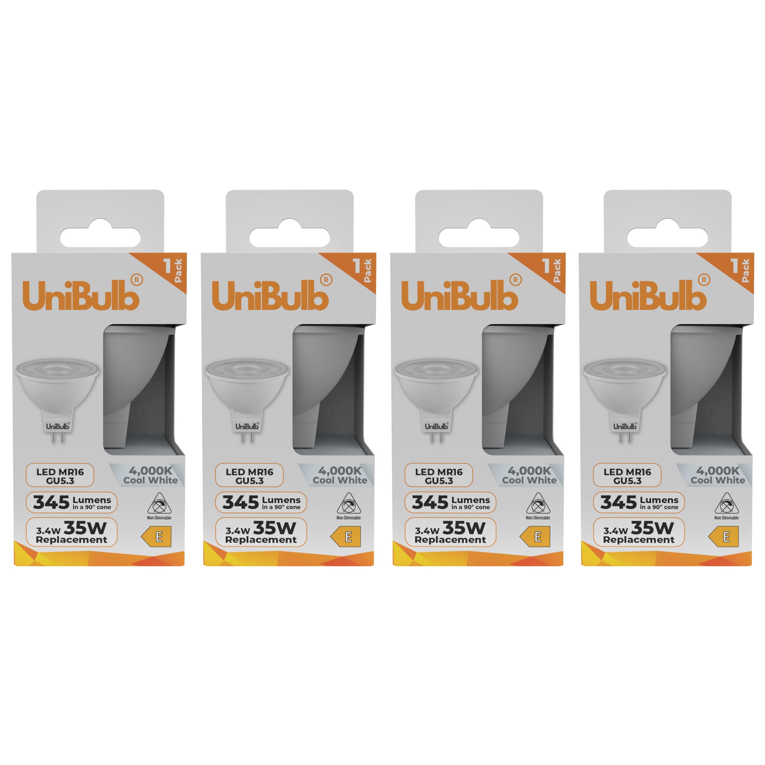Unibulb GU5.3 MR16 3.4W Energy Efficient LED Spotlight Downlight Ceiling Light Bulb, 345 Lumens, 4000K Cool White, 35W Equivalent, 25,000hr Lifespan, 12V, Non-Dimmable (4) — image 1