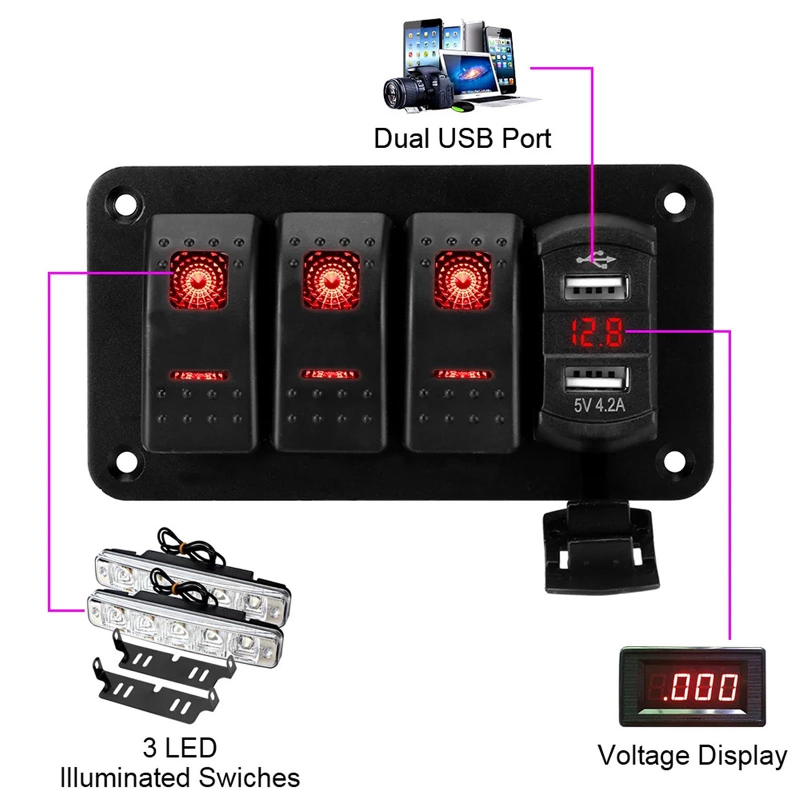 Panel de interruptores de 24 V y 12 V con 3 botones, luz de palanca for coche, cargadores USB, comprobador de 3 voltios, accesorios for barco, caravana, camión, remolque(Rot)