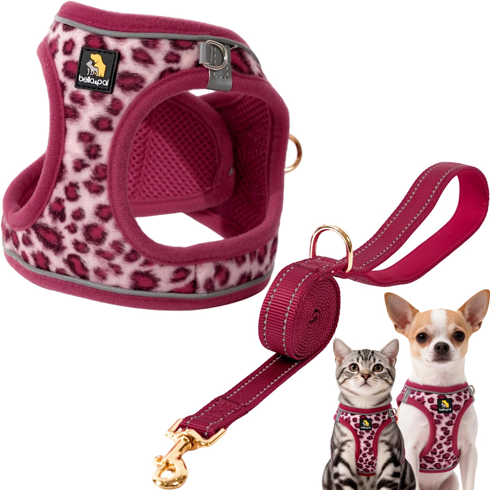 BELLA & PAL Dog Harness and Leash Set, Step-in Puppy Harnesses, Soft Short Plush with Reflective Strips, No Pull Vest for Puppies/Extra Small/Small Dogs, Leopard Pink, L
