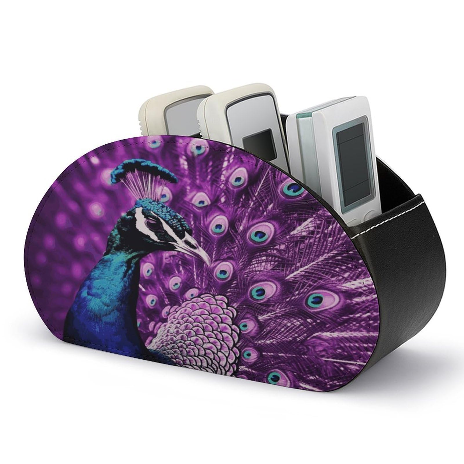 FekiLoot Leather Remote Control Holder with 5 Compartments Purple Peacock Remote Caddy Desktop Organizer Store TV Remote Holder Remote Organizer for Bedside Table Office Desk
