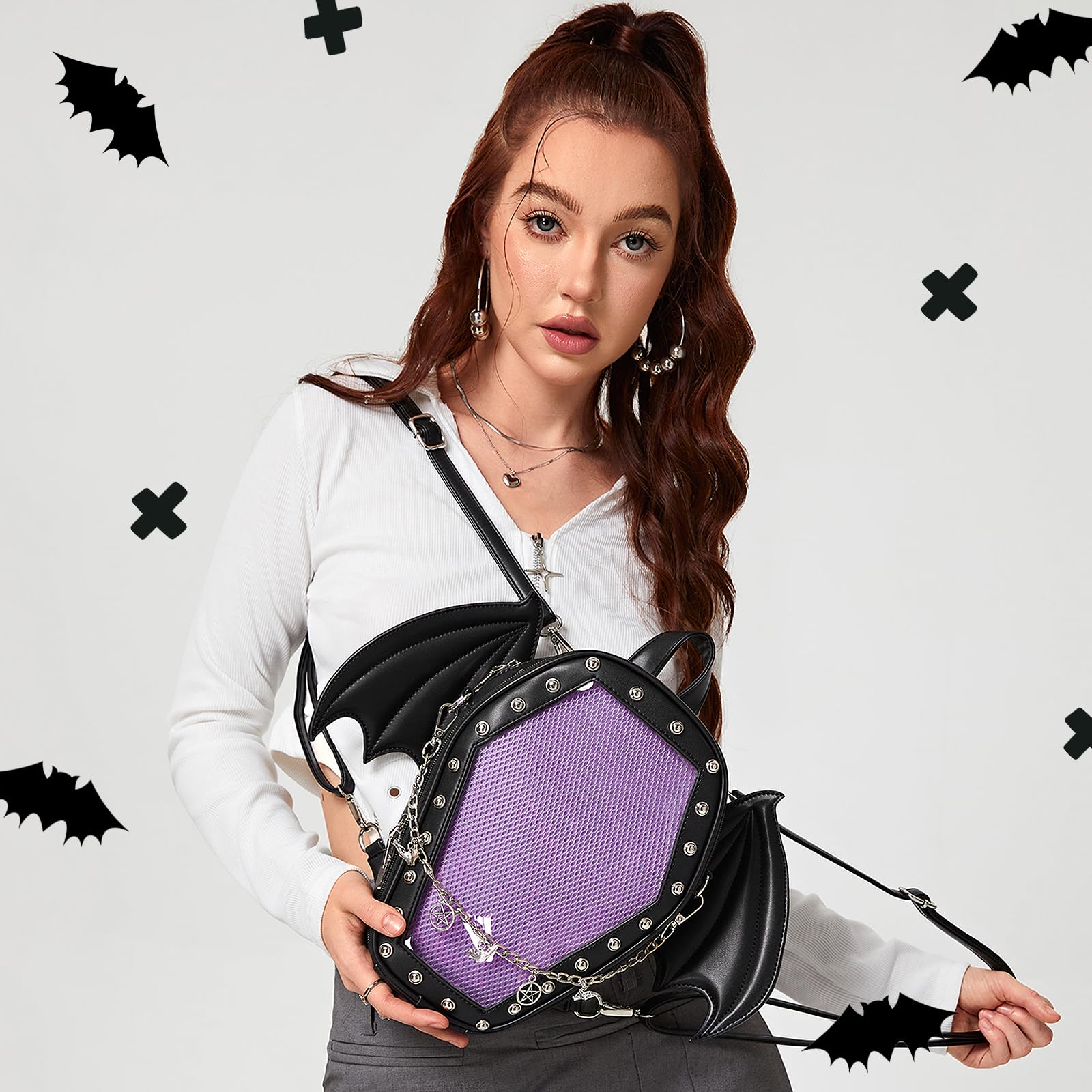 Punk Coffin Shaped Gothic Ita Pins Backpack Clear Window Women Halloween Handbag and Crossbody Bag with Inserts for Pins Display