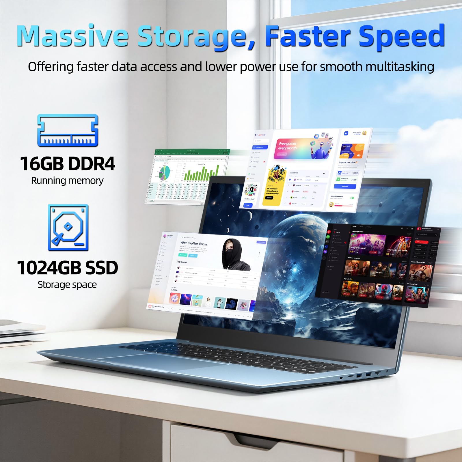 15.6 Inch Laptop, Windows 11 Laptops with Office 365, 16GB RAM 1024GB SSD, Celeron Quad-Core, 180° Lay-Flat Display, 7000mAh Battery, Full-Featured Type-C, Business Student Notebook - 4