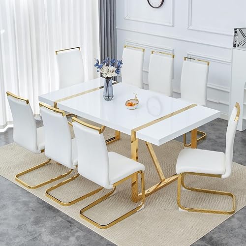 Vista 24 de Juego de mesa de comedor gopop para 6, juego de mesa y sillas de cocina de 6, mesa de 140 cm x 85 cm con acabado de laca blanca brillante y marco