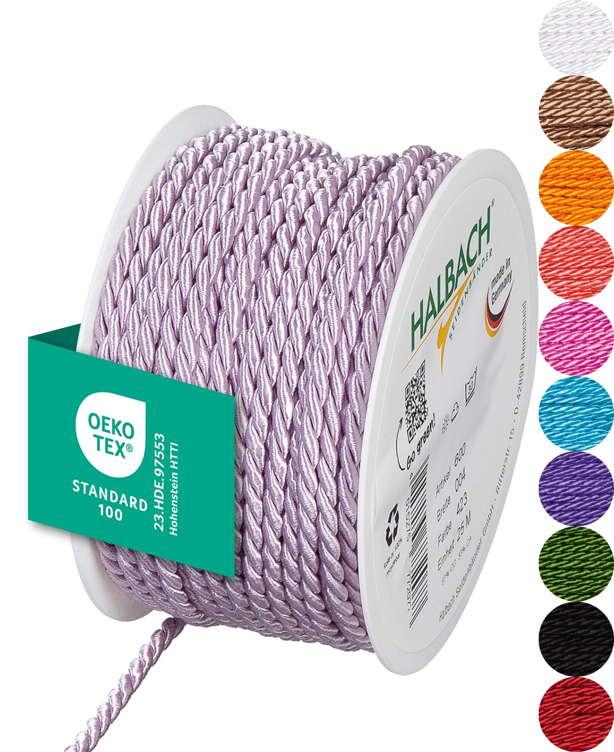 Halbach Seidenbänder Premium Kordel (Lavendel) | Breite 4mm Länge 25m | Made in Germany & Öko-Tex Zertifiziert | glänzende Satinkordel aus Acetat