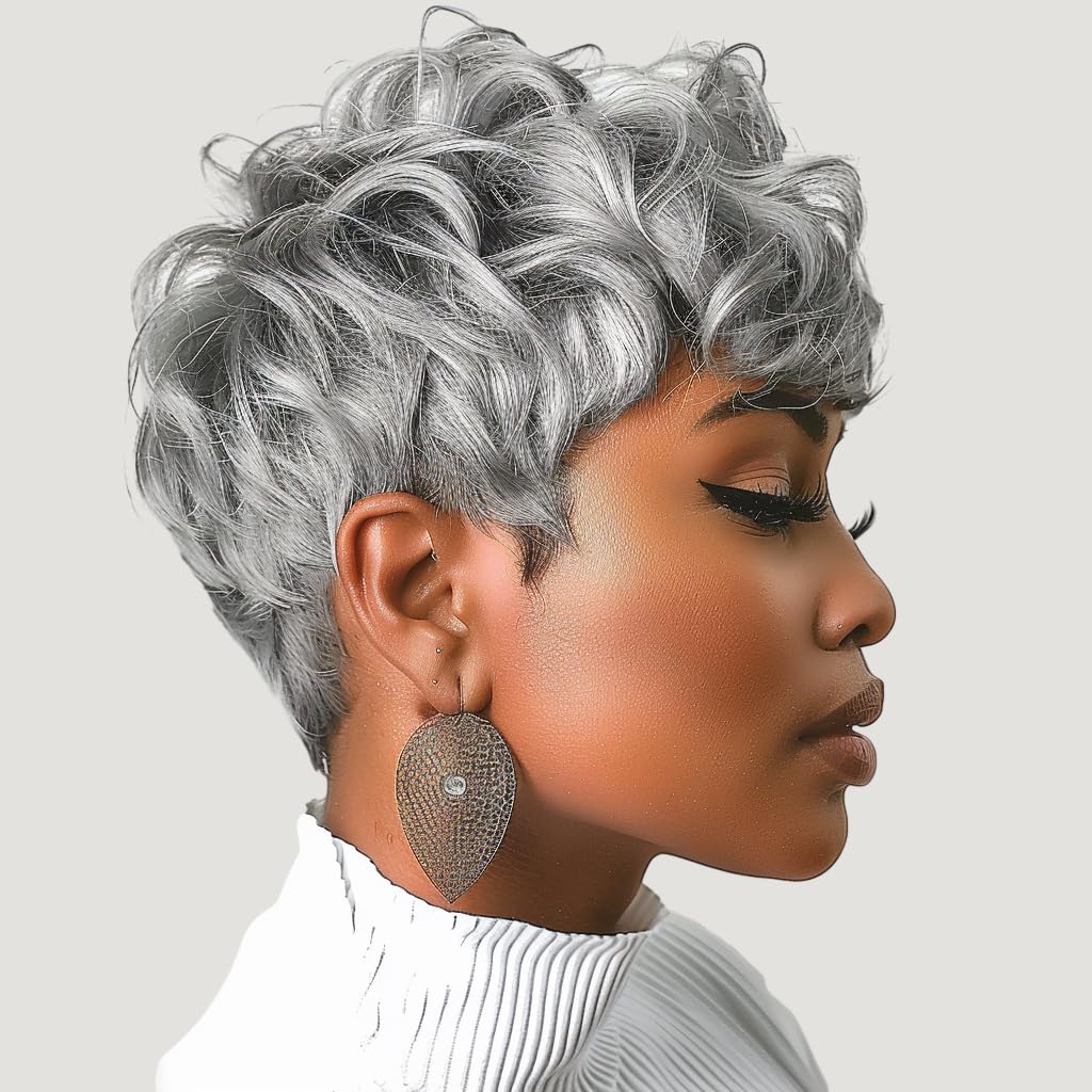 DOcute Gray Wig for Black People Pixie Cut Wig with Bangs Short Pixie, Curly Wig for Black Women, Fluffy Pixie Curly Wig for Women Natural Wavy Short