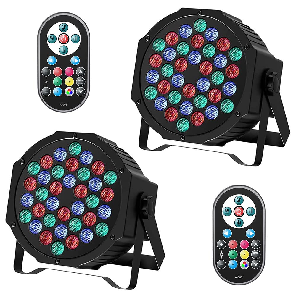 JAJALUYA LED Par Lights 36 LED Stage Lights 9 Modes RGB DJ Lights with Sound Activated Remote and DMX Control DJ Uplighting for Birthday Party Events Wedding Christmas Stage Lighting (2 Packs)