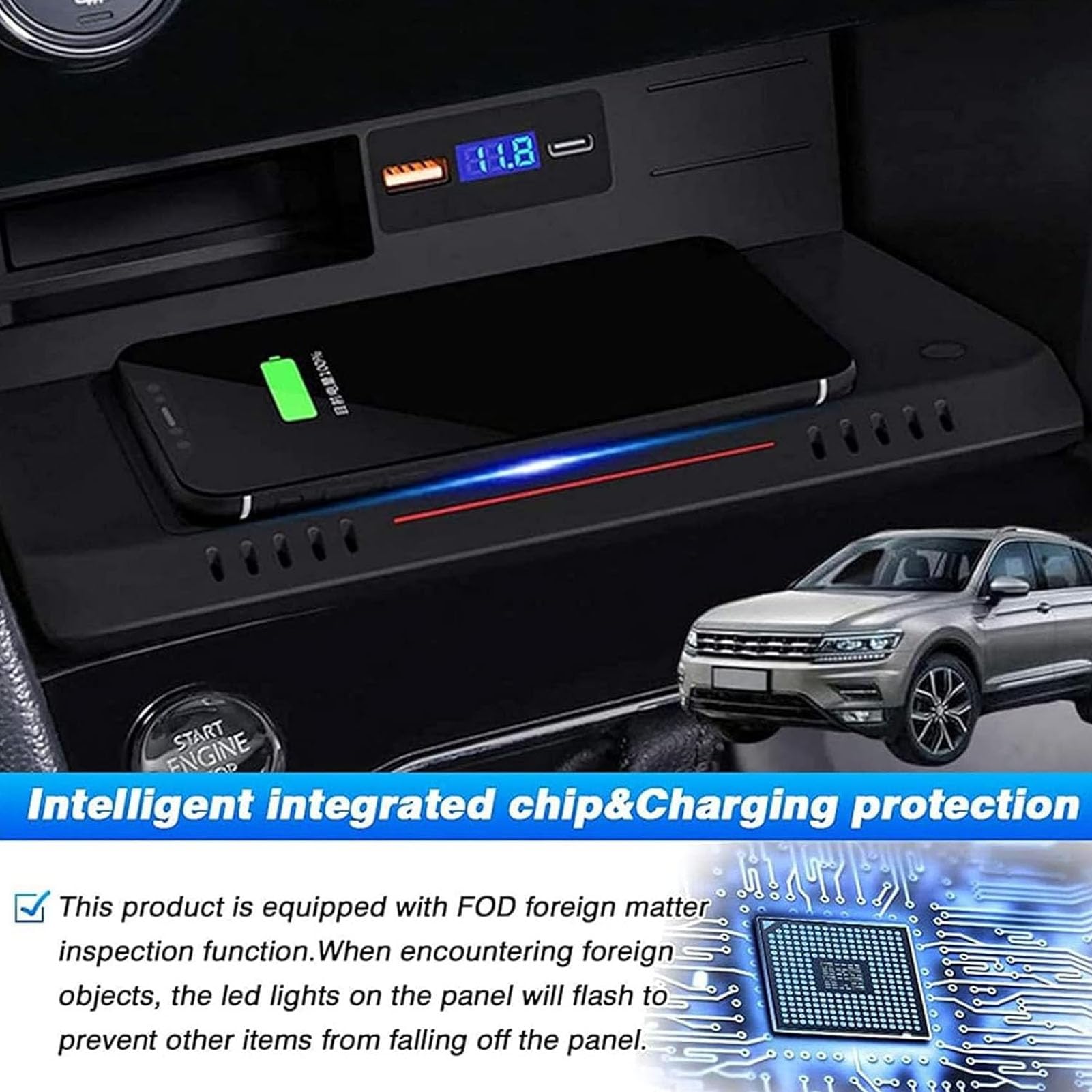 Bezprzewodowa ładowarka Samochodowa do VW Tiguan 2017-2022,15W Qi Szybkie ładowanie Telefonu Pad ładowarka Do Konsoli środkowej Akcesoria do Każdego Telefonu Kompatybilnego Z Qi
