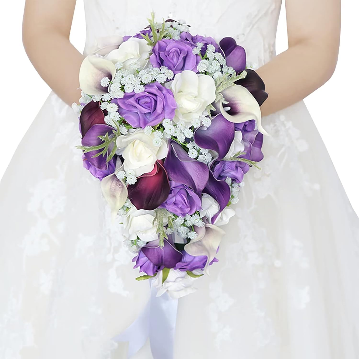 Emivery Calla Lily Wedding Bouquet Cascading Bridal Bouquet Artificial Purple Flower Bouquet Cascading Wedding Bouquets for Bride