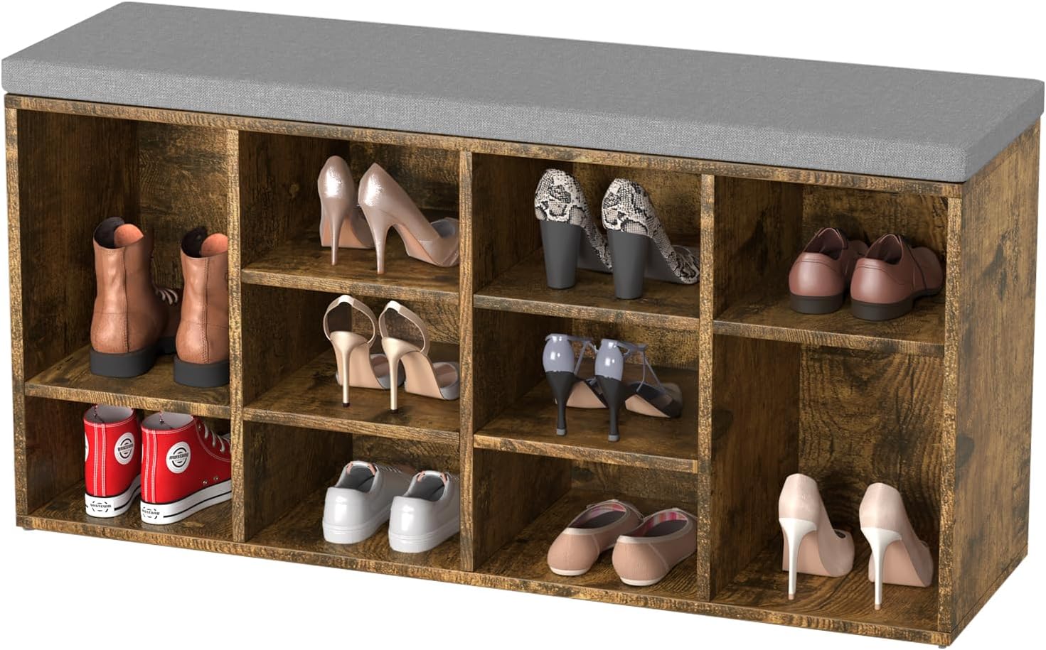 PayLessHere Shoe Bench Storage Bench Shoe Storage Organizer with Cushion Padded Seat 10 Compartments for Entryway Hallway Living Room Bedroom Entryway Bench (Brown)