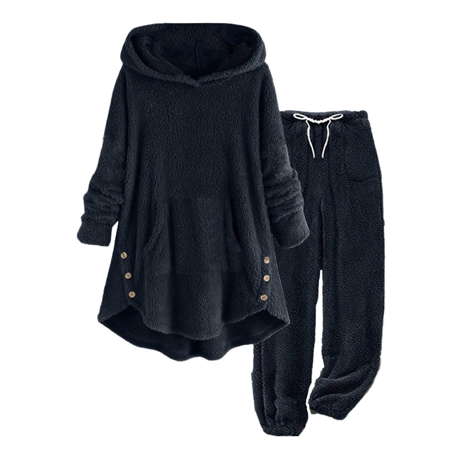 Loungewear - Conjunto de pijama de forro polar para mujer, conjunto con capucha, traje térmico de invierno, forro polar, 2 piezas, traje de felpa grueso, suave y cómodo, ropa de descanso