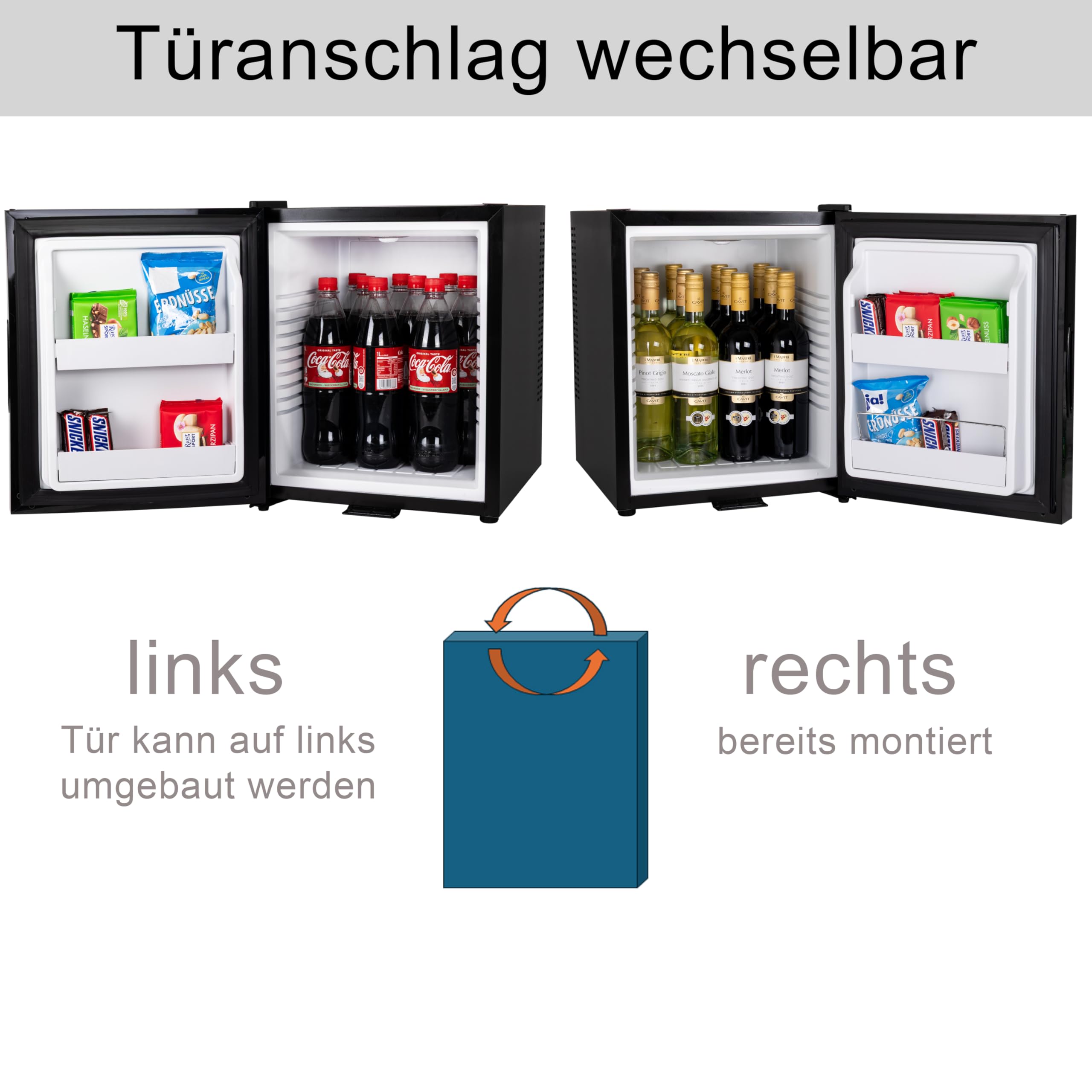 30 Liter Mini Kühlschrank LAUTLOS Minikühlschrank mit Schloss, Minibar abschließbar geräuschlos, Türanschlag wechselbar, ca. 4°-14°C Höhe 48cm, Weinkühlschrank für 11 Flaschen Temperatureinstellung
