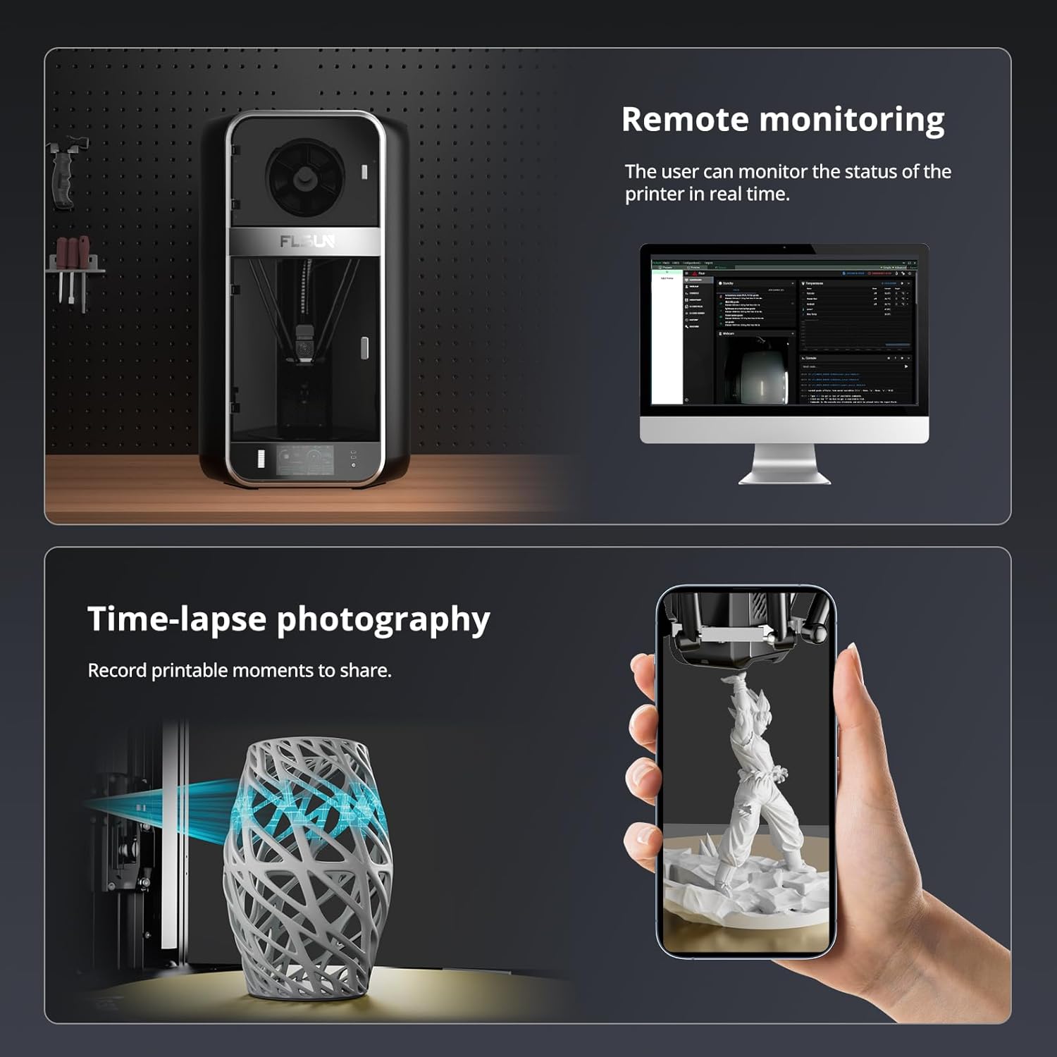 FLSUN S1 3D Printer showing remote monitoring on a computer and time-lapse photography on a smartphone