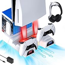 NexiGo PS5 Accessories Silent Cooling Stand with Headset Holder and AC Adapter, for PS5 Disc & Digital Editions Dual Controllers Charger, 3 Levels Adjustable Fans Speed, 10 Game Rack Organizer, White